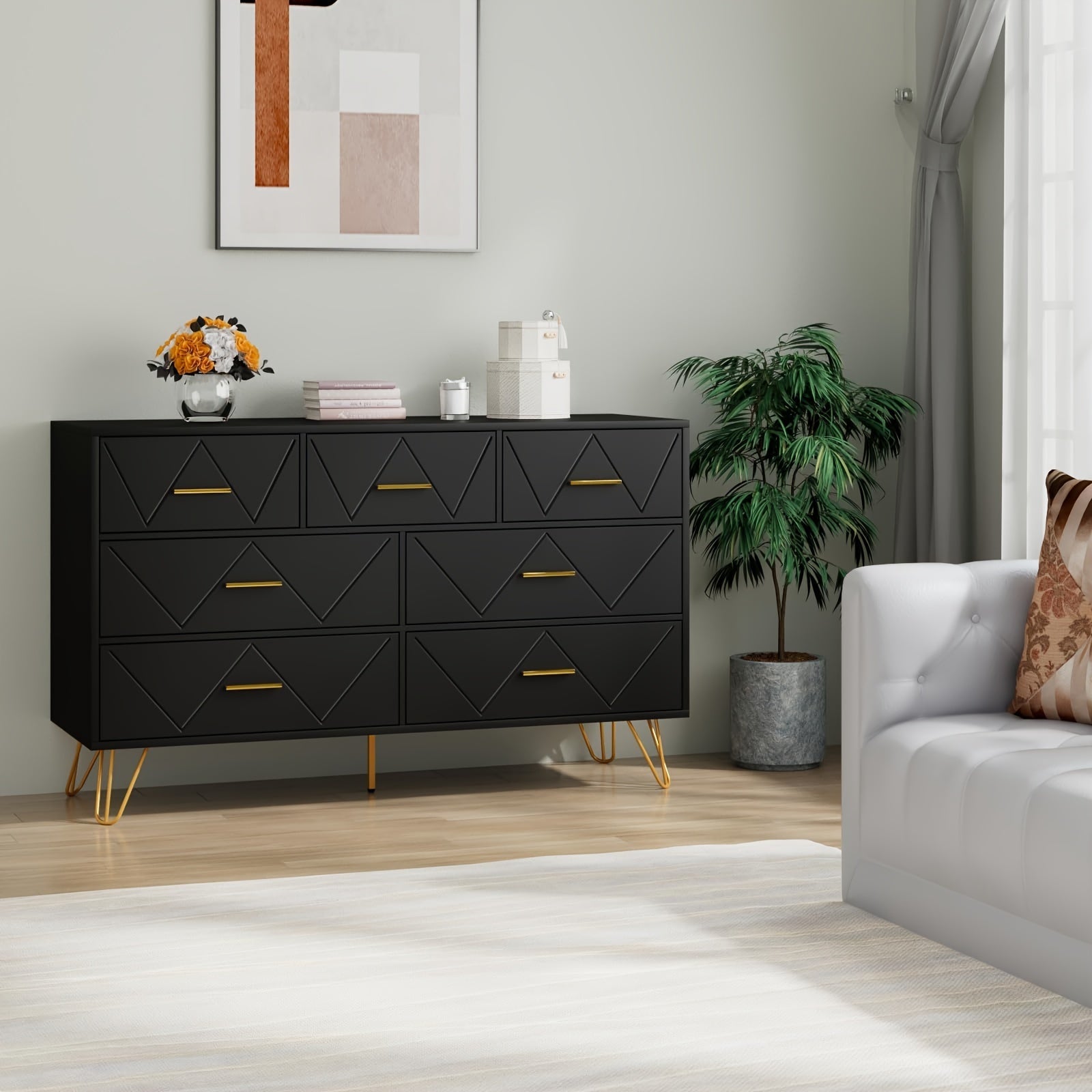Dresser for Bedroom 7 Drawer Dresser with Wide Drawers and Metal Handles Wood Dressers & Chests of Drawers for Hallway