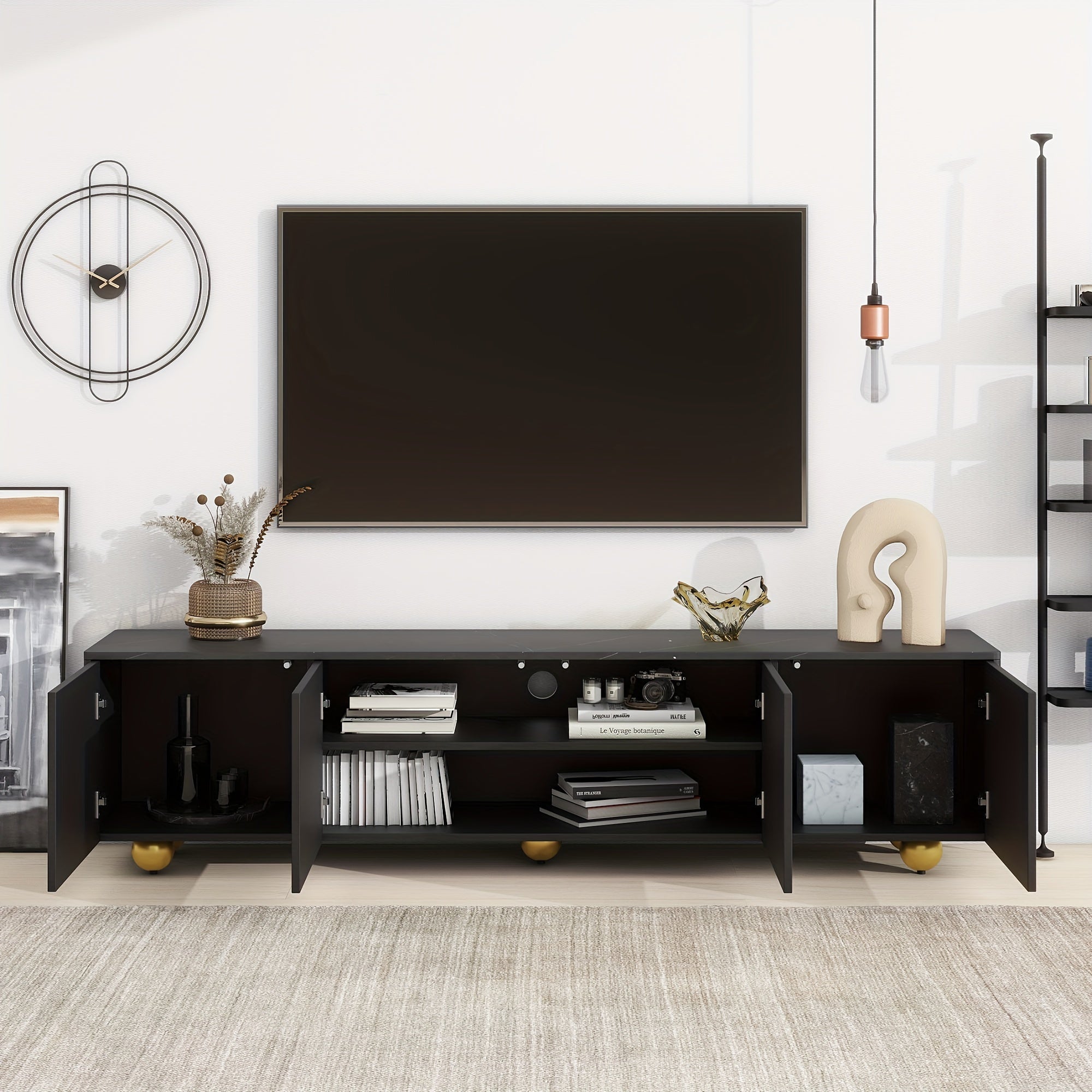 Modern TV Stand - Fits Up to 75" TVs, Marble Top & Golden Legs, Adjustable Shelf, Storage Cabinets Included - Perfect for Living Room Entertainment Center