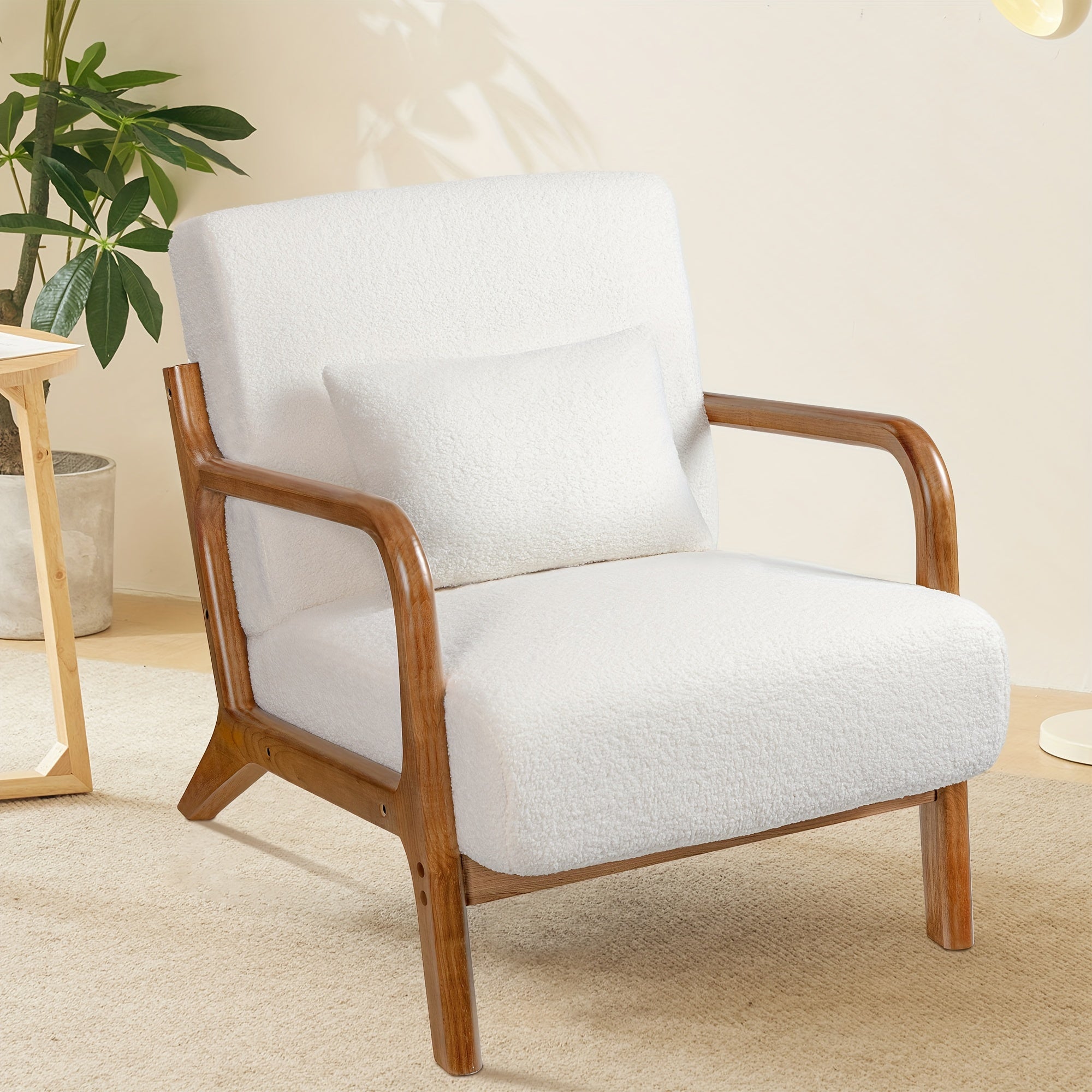 Mid-Century Modern Sherpa Accent Chair - Living Room Reading Armchair With Waist Cushion And Solid Wood Frame For Bedroom And Balcony