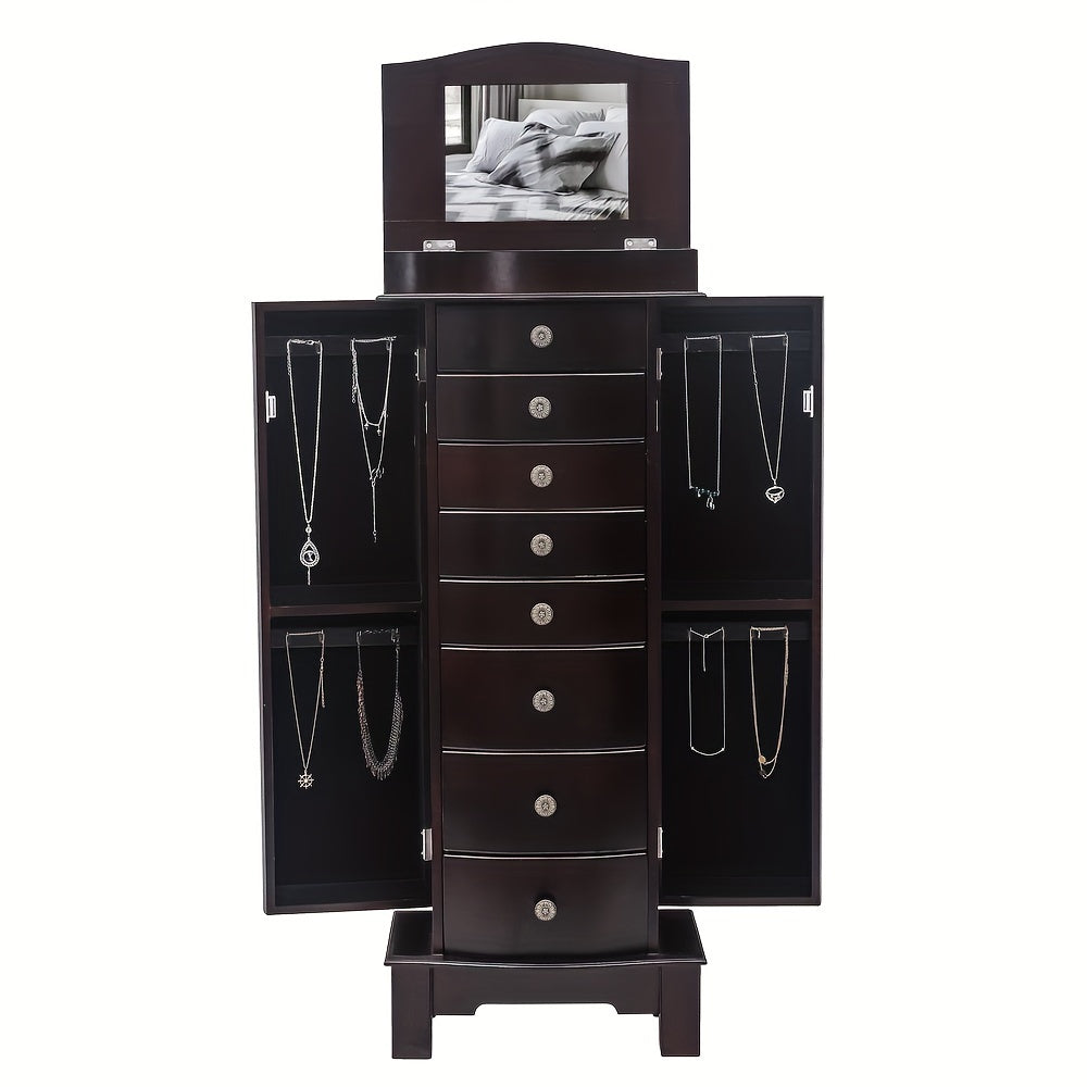 Jewelry Armoire With Mirror, 8 Drawers & 16 Necklace Hooks, 2 Side Swing Doors(Brown), Jewelry Armoires