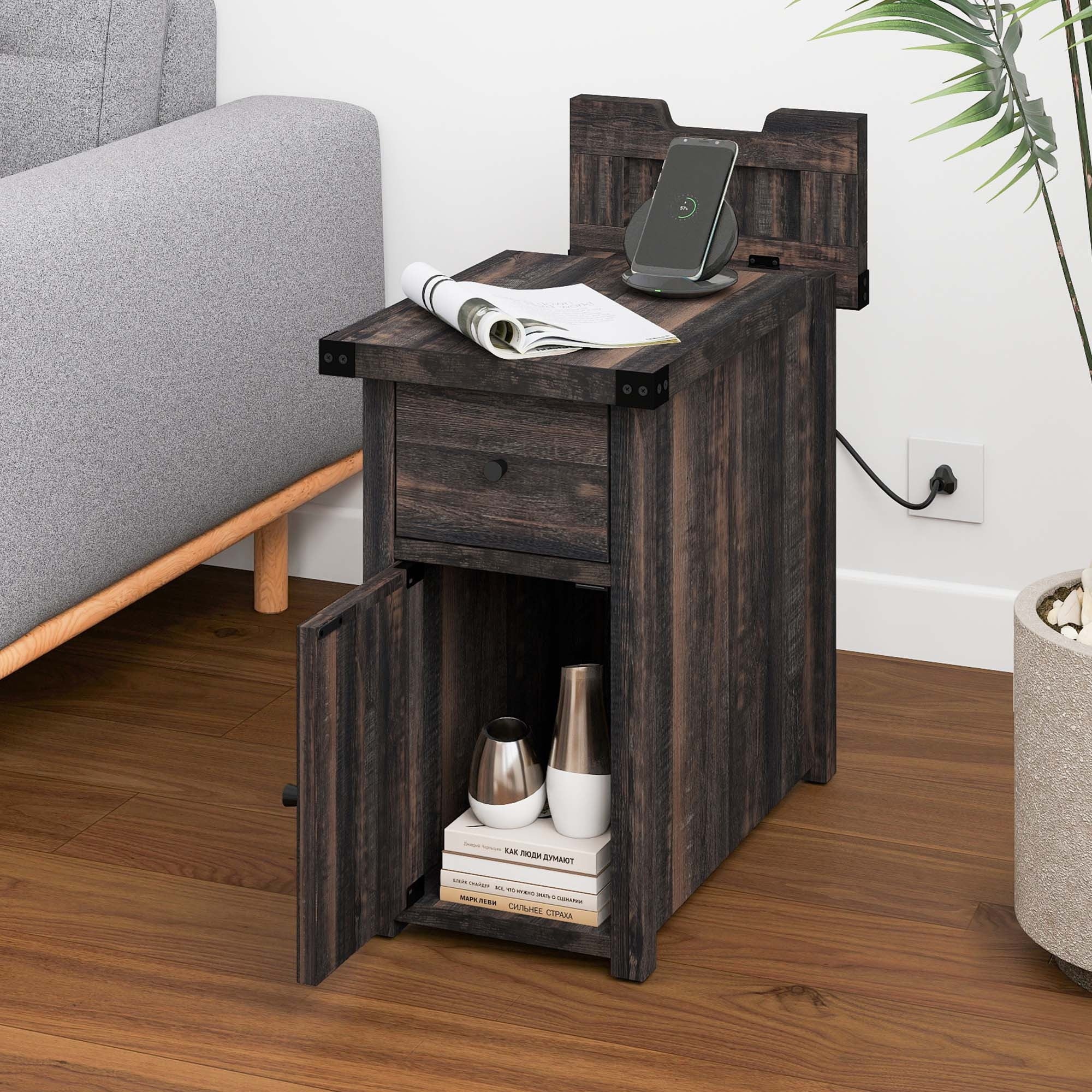 Rustic Farmhouse Charging End Table with Drawer - Space-Saving Nightstand for Bedroom, Contemporary X-Design with USB Ports & Outlets, Perfect Holiday Gift