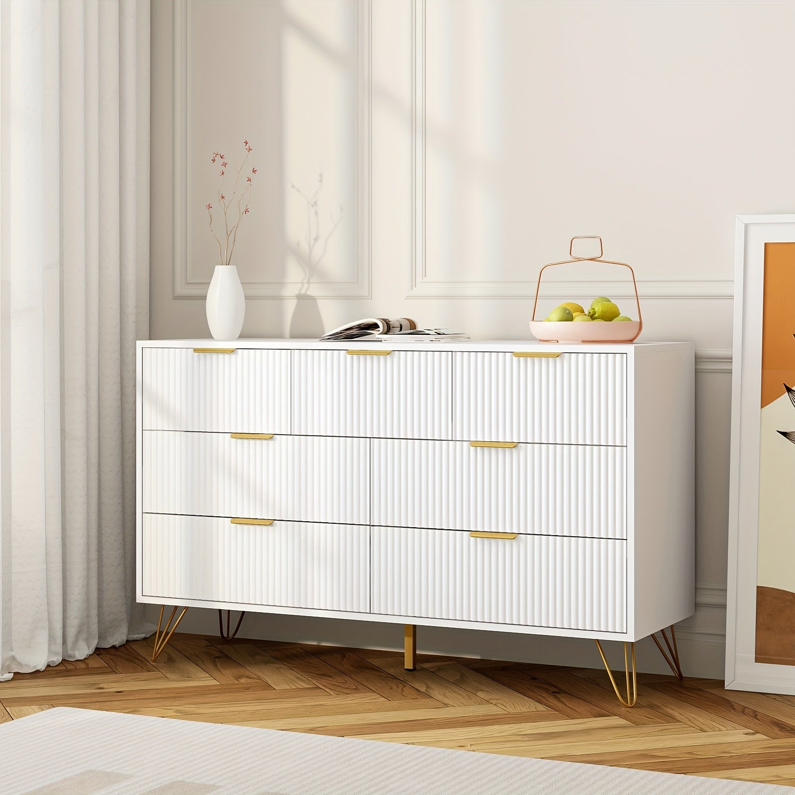 Modern Fluted Wood Dresser with Golden Handle 7 Drawers - White Storage Organizer for Bedroom Living Room Hallway