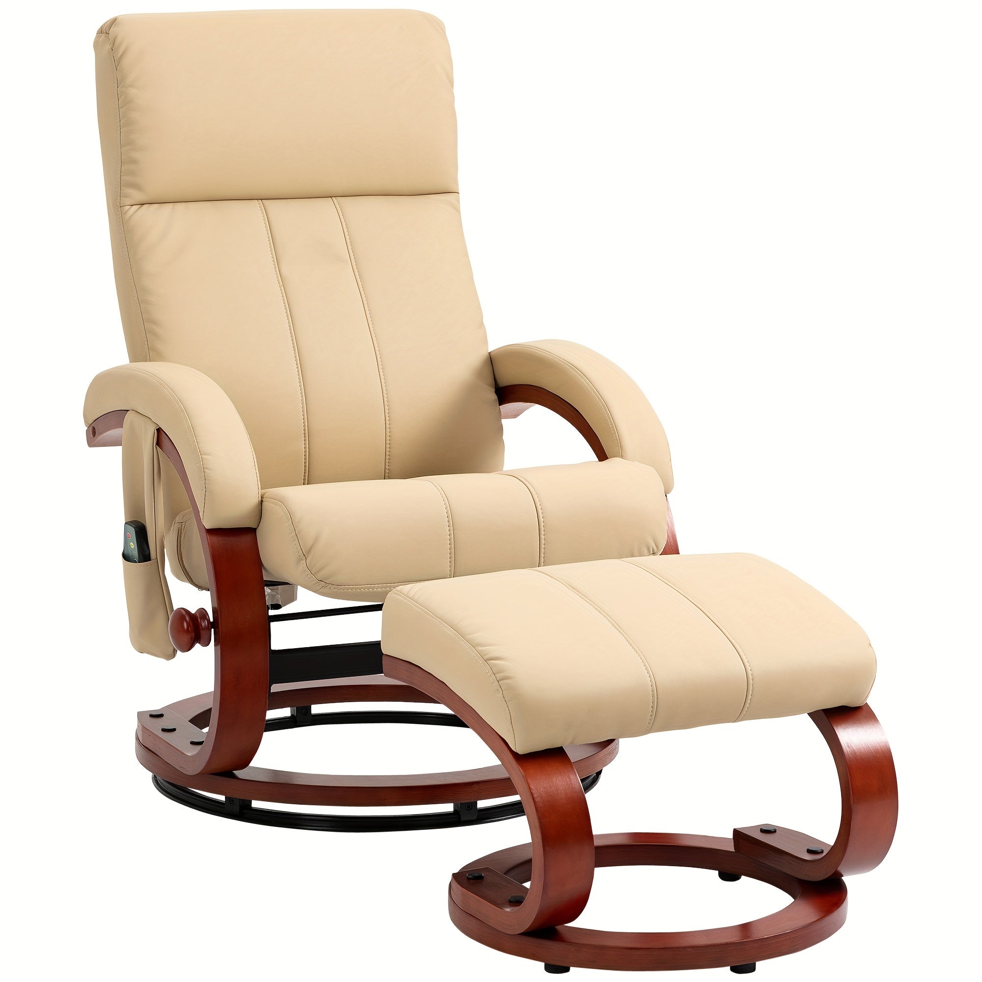 Recliner Chair with Ottoman, Electric Faux Leather Recliner with 10 Vibration Points and 5 Massage Mode, Reclining Chair with Remote Control, Swivel Wood Base and Side Pocket, Beige