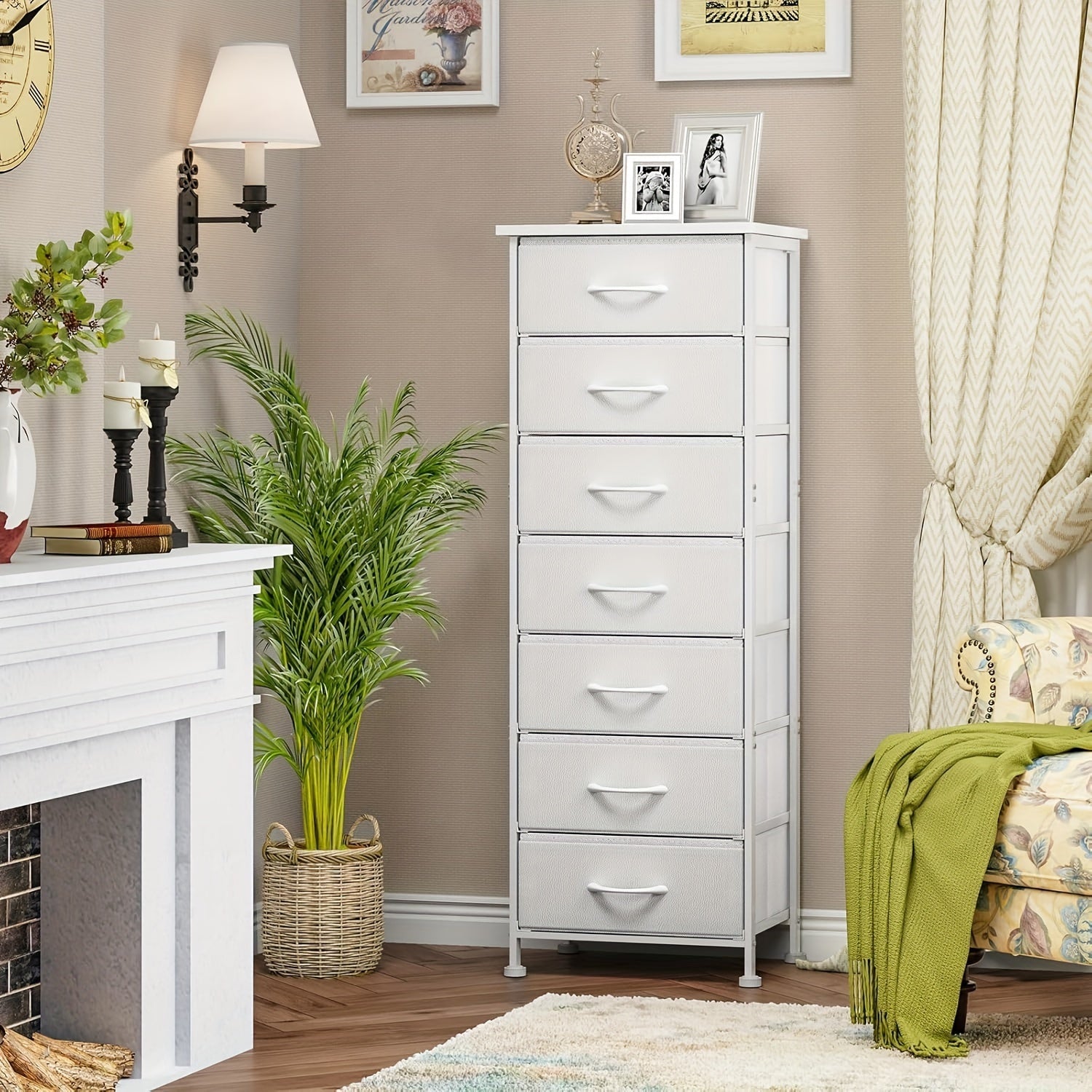 Tall Dresser For Bedroom, Storage Organizer With 7 Drawers, Vertical Bedside End Table For Bedroom, Sturdy Steel Frame, Nightstand Furniture, Chest Of Drawers For Closet