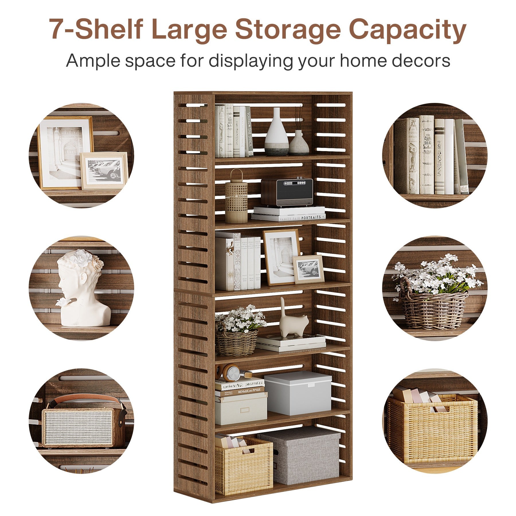 6-Tier Bookcase 180cm Tall Bookshelf Wood Open Bookcase Floor Standing Display Storage Shelves for Home Office Living