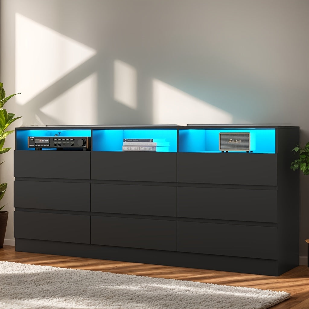 Modern 9-Drawer Dresser with LED Lighting & Built-In Power Socket - White Freestanding Storage Organizer for Bedroom