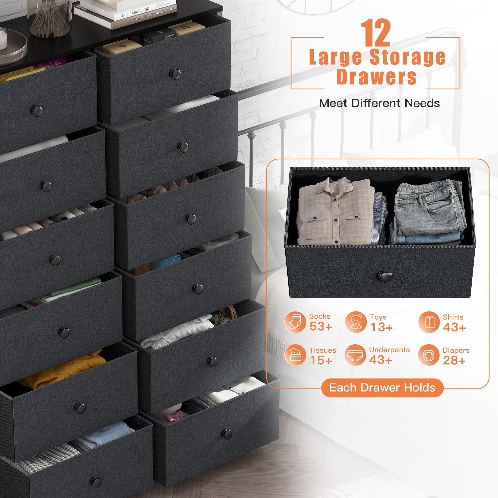 12 Drawer Dresser, Tall Dressers For Bedroom With Wooden Top And Metal Frame, Black Dresser & Chest Of Drawers For Bedroom, Closet Living Room, Black Grey, 11.9" D X 34.8" W X 52.2" H