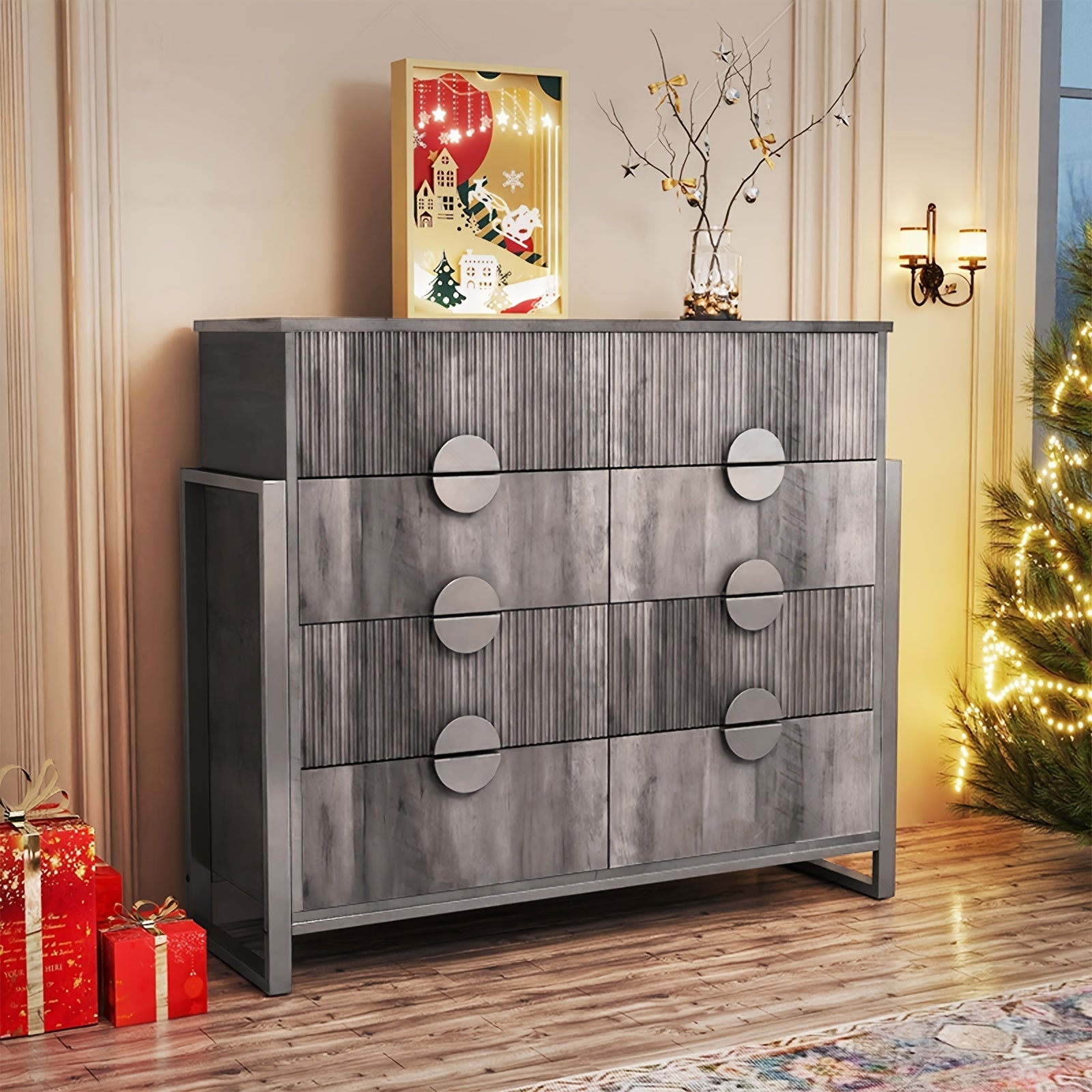 8 Drawer Large Grey Dresser For Bedroom, 49.6" Long Chest Of Drawers With Deep Drawers, Modern Fluted Storage Dresser, Metal H Legs, Large Metal Handles For Bedroom, Living Room, Hallway, Furniture For Home