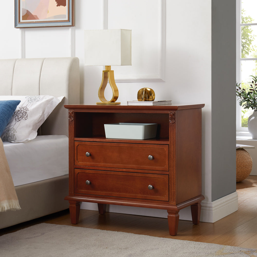 Open Space and 2 Drawers Dresser Nightstand, Fluted Pilasters Design Side Table with Solid Wood Legs for Bedroom