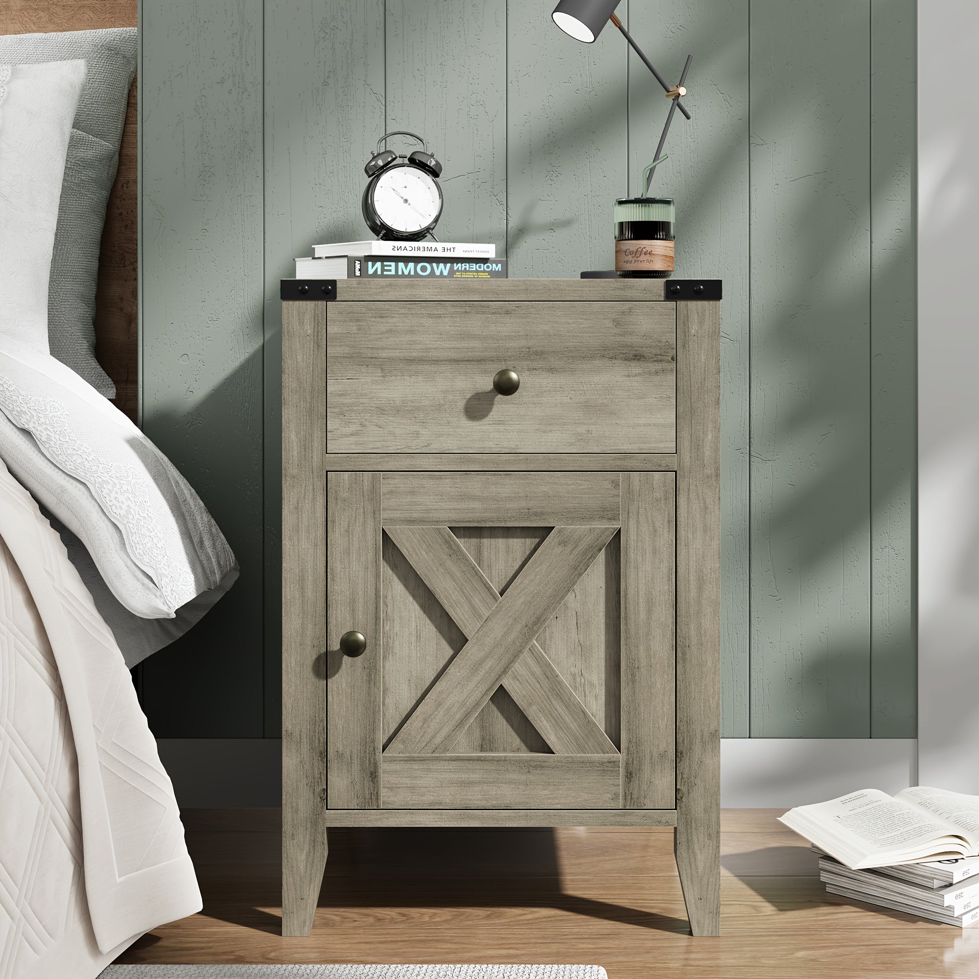 Farmhouse Nightstand with Drawer and Storage Cabinet, End Side Table for Bedroom