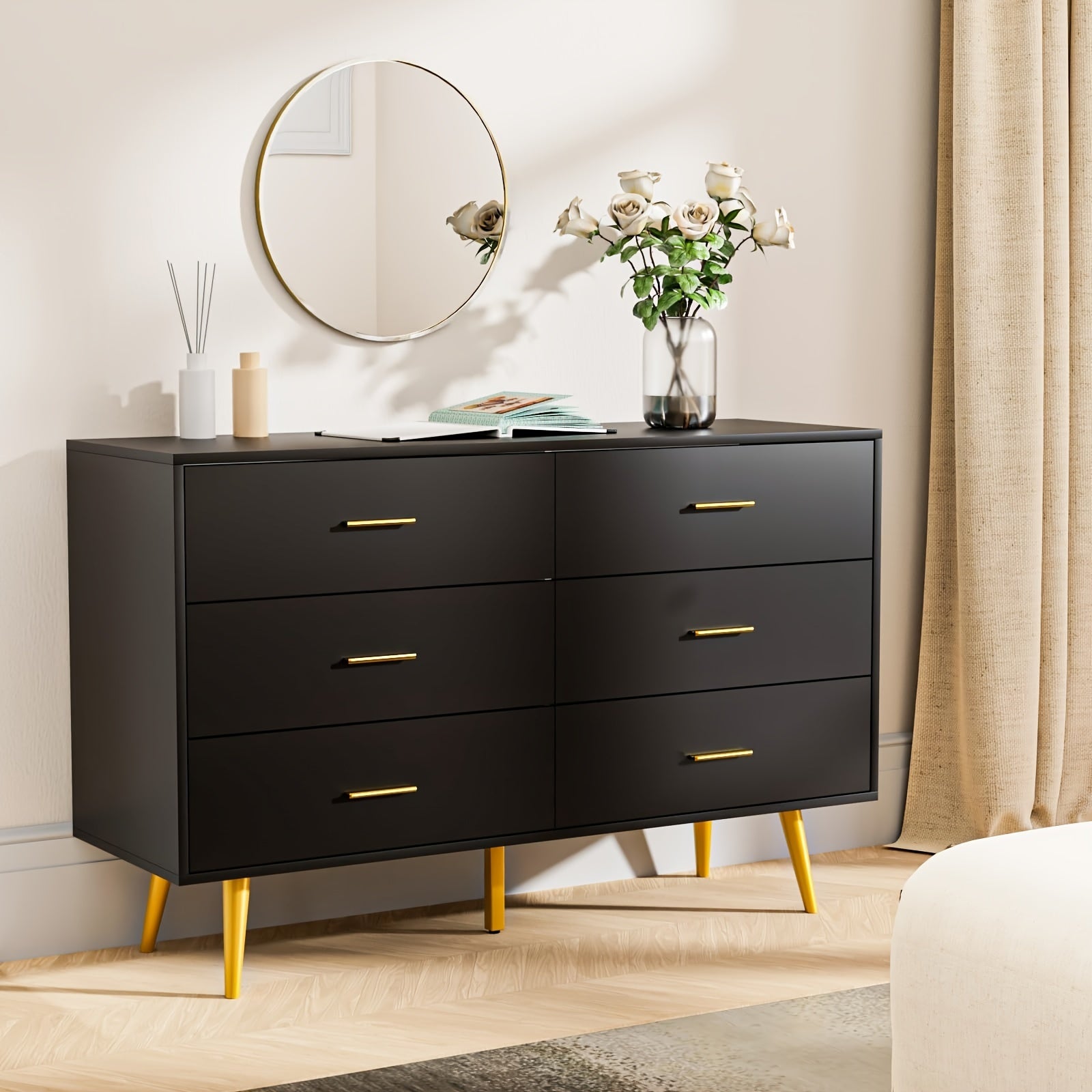 6-Drawer Dresser Modern Wooden Chest with Wide Drawers Golden Metal Handles Ample Storage ≥3.2 Cubic Feet Capacity