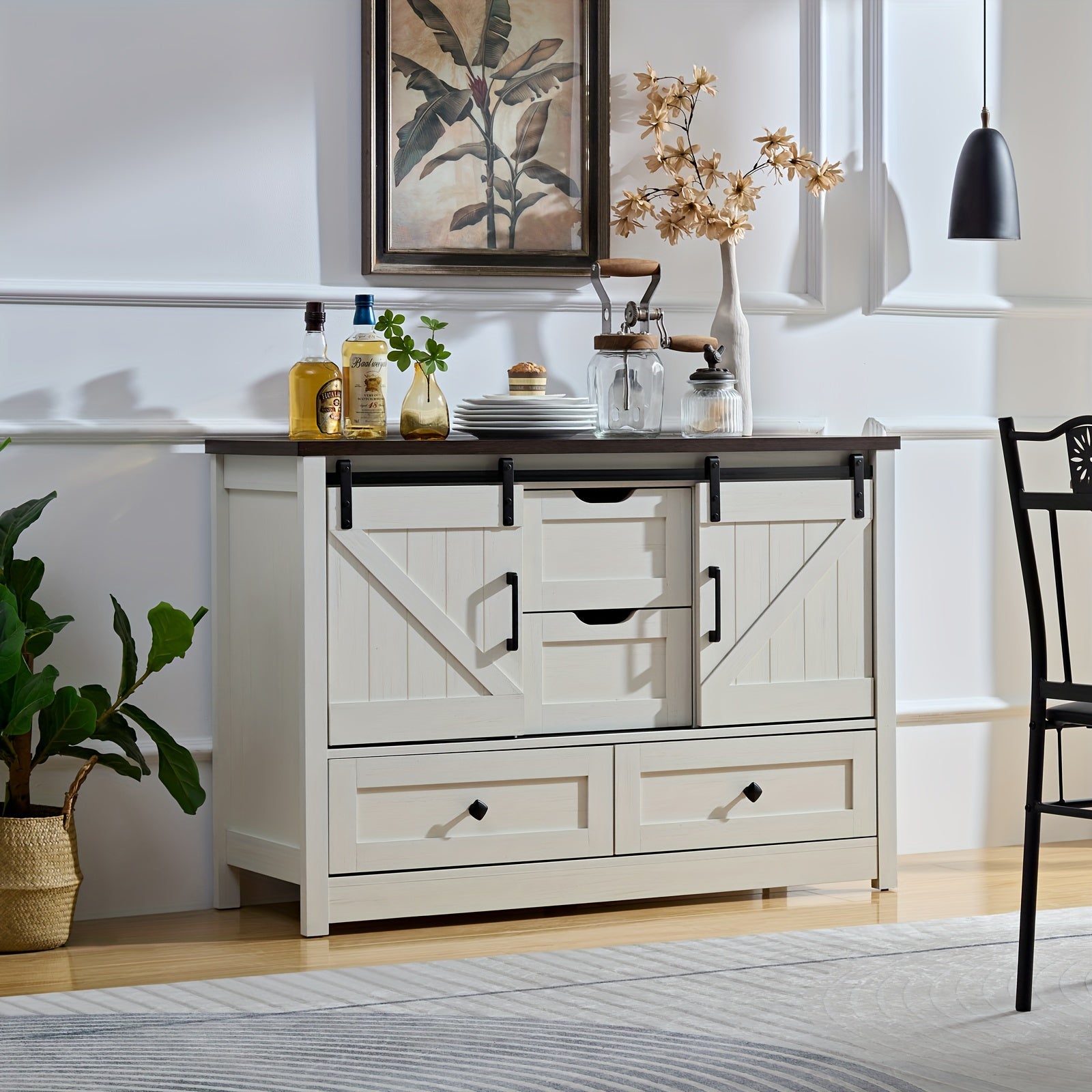 White Dresser for Bedroom, Farmhouse Dresser with Sliding Barn Door, 48" Wide Storage Cabinet with 4 Drawers, 4 Chest Of Drawers for Bedroom, Entryway, Living Room, Dining Room, Antique White