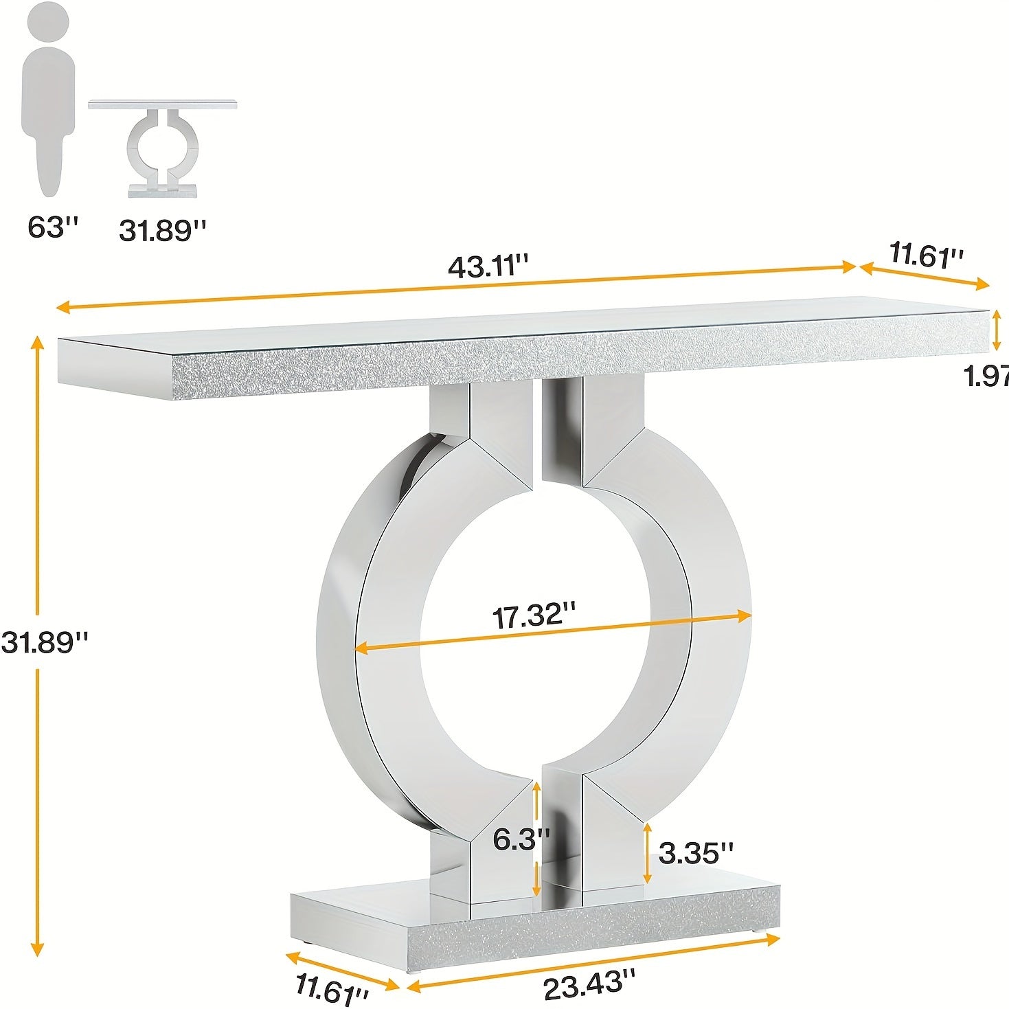 43-Inch Mirrored Entryway Console Table with O-shape, Modern Slim Silvery Glass Sofa Table for Foyers or Living Rooms