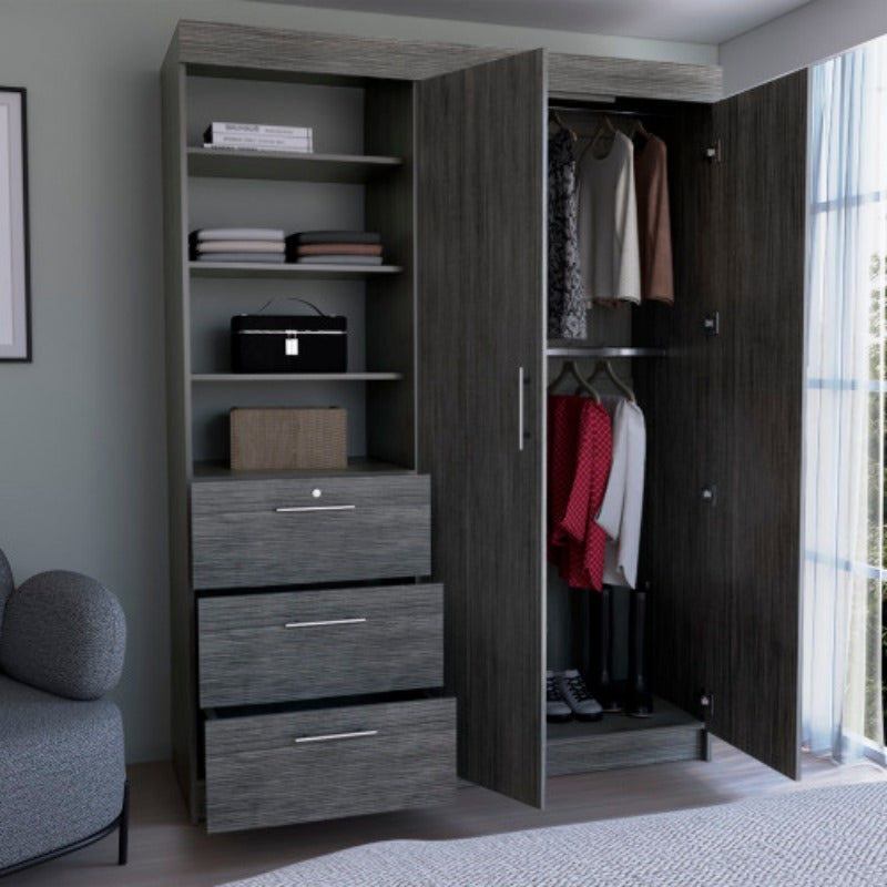 Smokey Oak 3-Tier Armoire with Metal Handles - Spacious Storage Cabinet with Shelves and Drawers for Bedroom, Living Room, or Office Decor