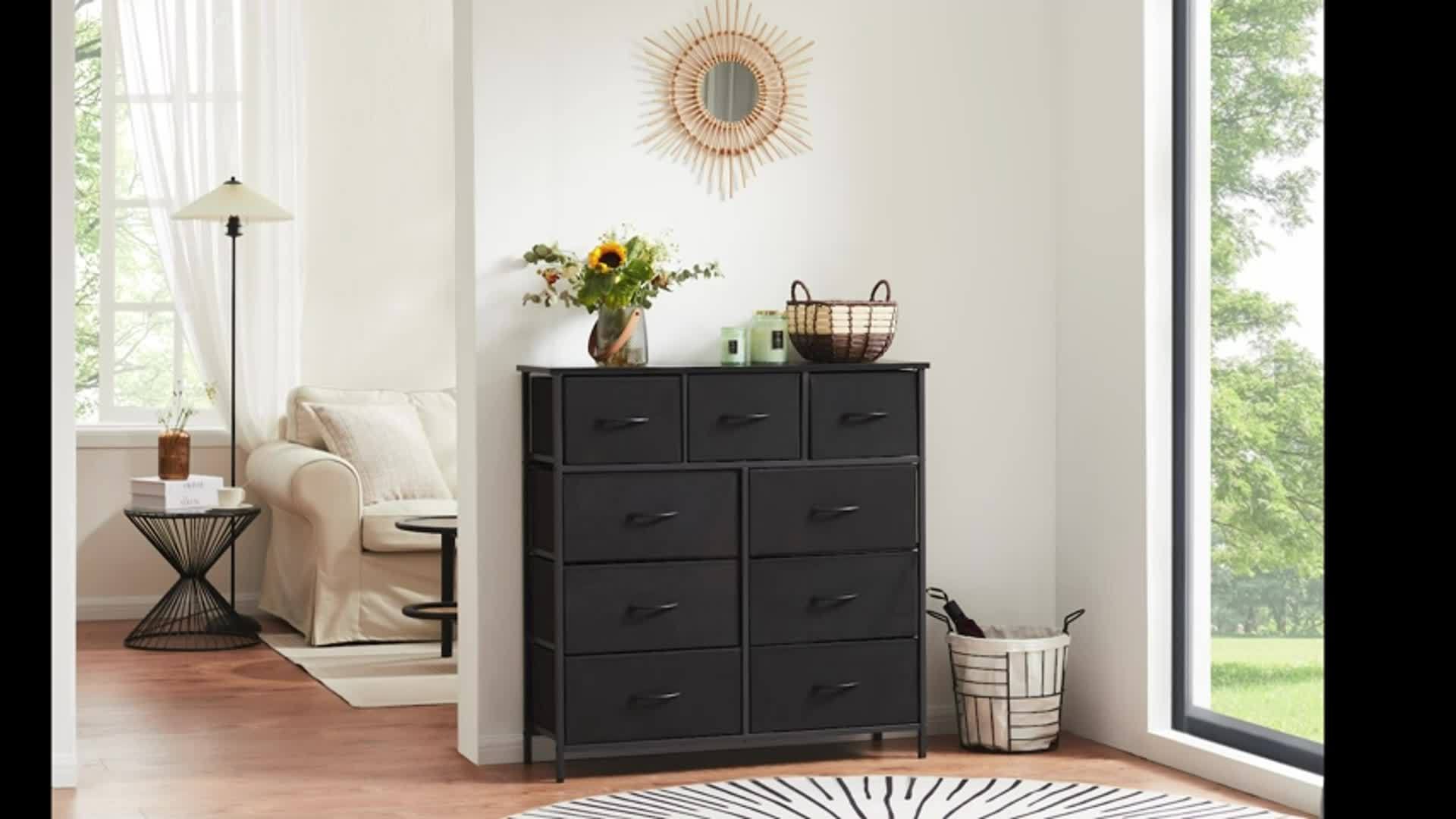 Dresser for Bedroom with 9 Drawers, Wide Chest of Drawers, Fabric Dresser, Storage Organizer Unit with Fabric Bins for Closet, Living Room, Hallway