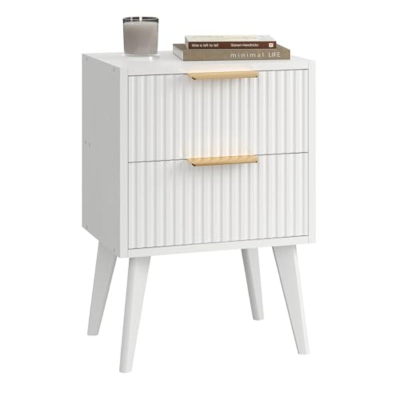 Fluted Nightstand 2 Drawers Modern Bedside Table Metal Handles White Side Table Solid Wood Legs Mid Century End Table Living Room Bedroom Natural