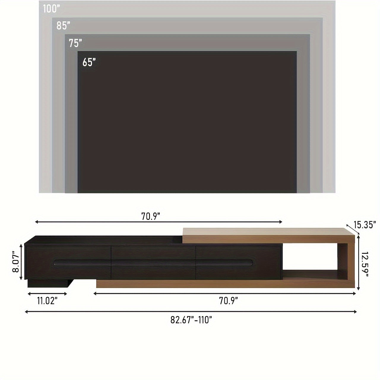 82-110'' Extendable TV Stand, Modern Entertainment Center For Up To 120 Inch TV, Wood Reversible TV Media Console With 3 Drawers For Living Room Bedroom