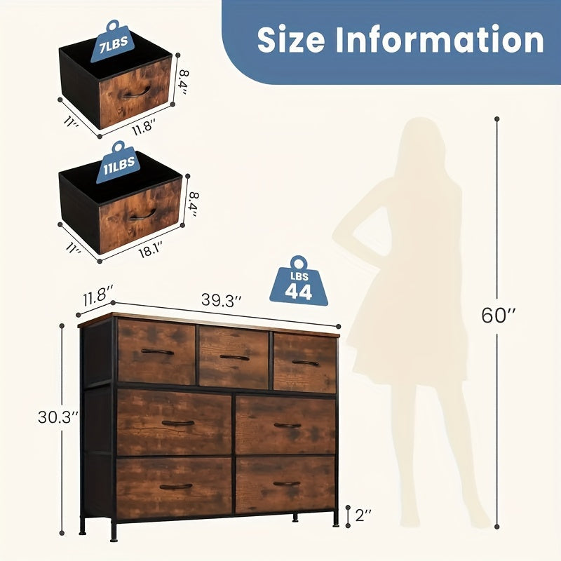 Dresser For Bedroom With 7 Drawers, Clothes Drawer Fabric Closet Organizer, Dresser With Metal Frame And Wood Tabletop, Chest Storage Tower For Kids Room, Nursery, Living Room, Entryway