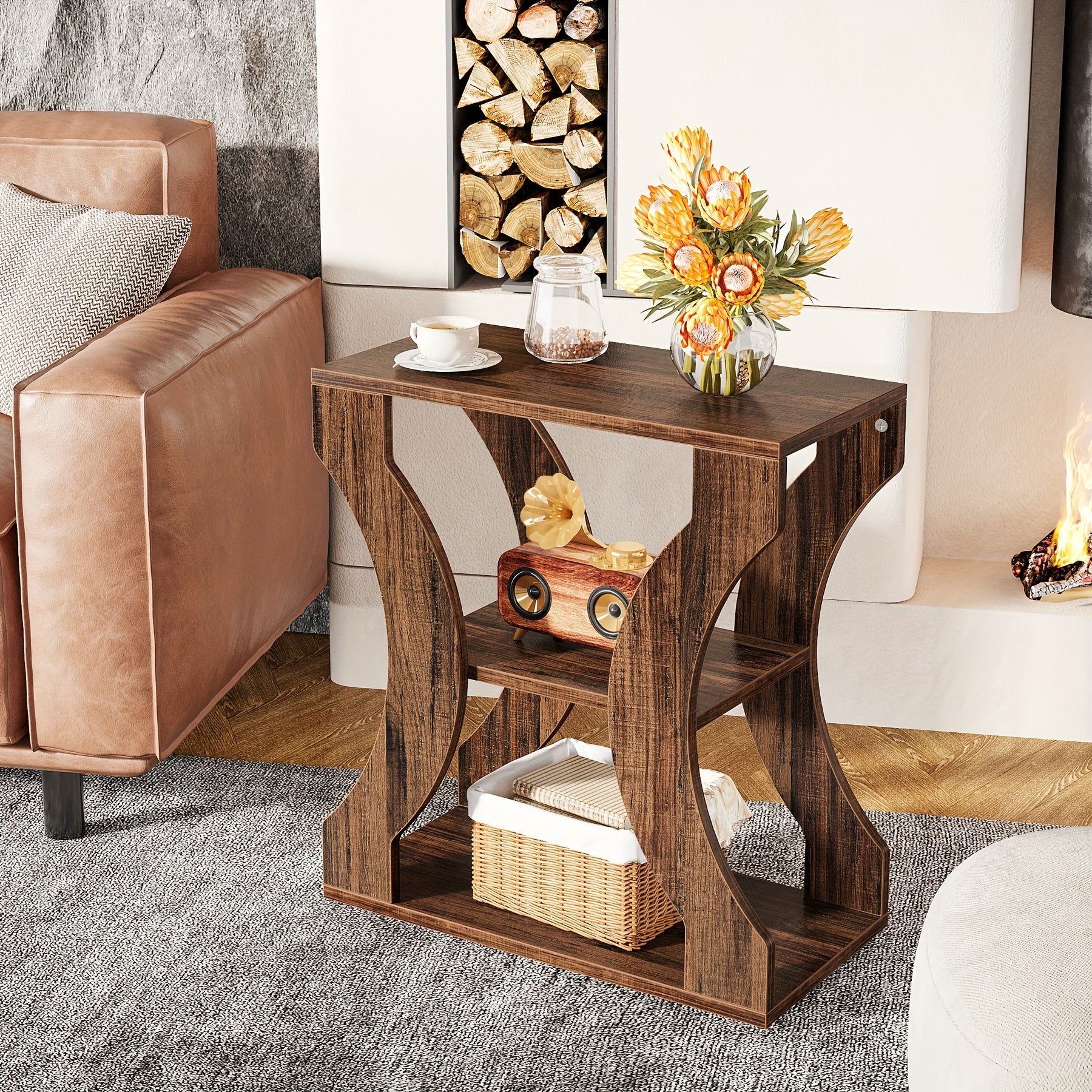 24" Farmhouse Halloween Accent End Table: 3-Tier Side Table with Storage Shelves, Industrial Wood Design, Perfect As A Nightstand Or Bedside Table for Living Room Or Bedroom (1pc)