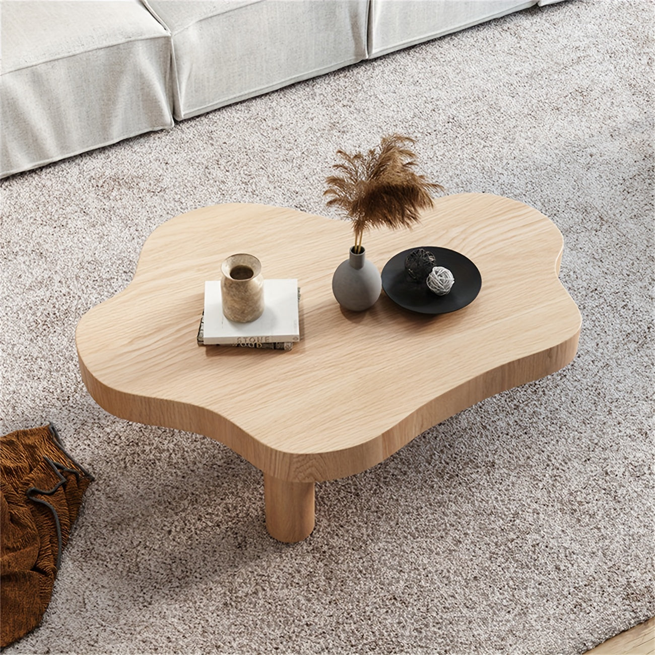 Cloud Shape Irregular Wood Coffee Table, Round Corner Thicken End Table, Cute Accent Modern Coffee Cocktail Table with 3 Legs for Living Room Furniture