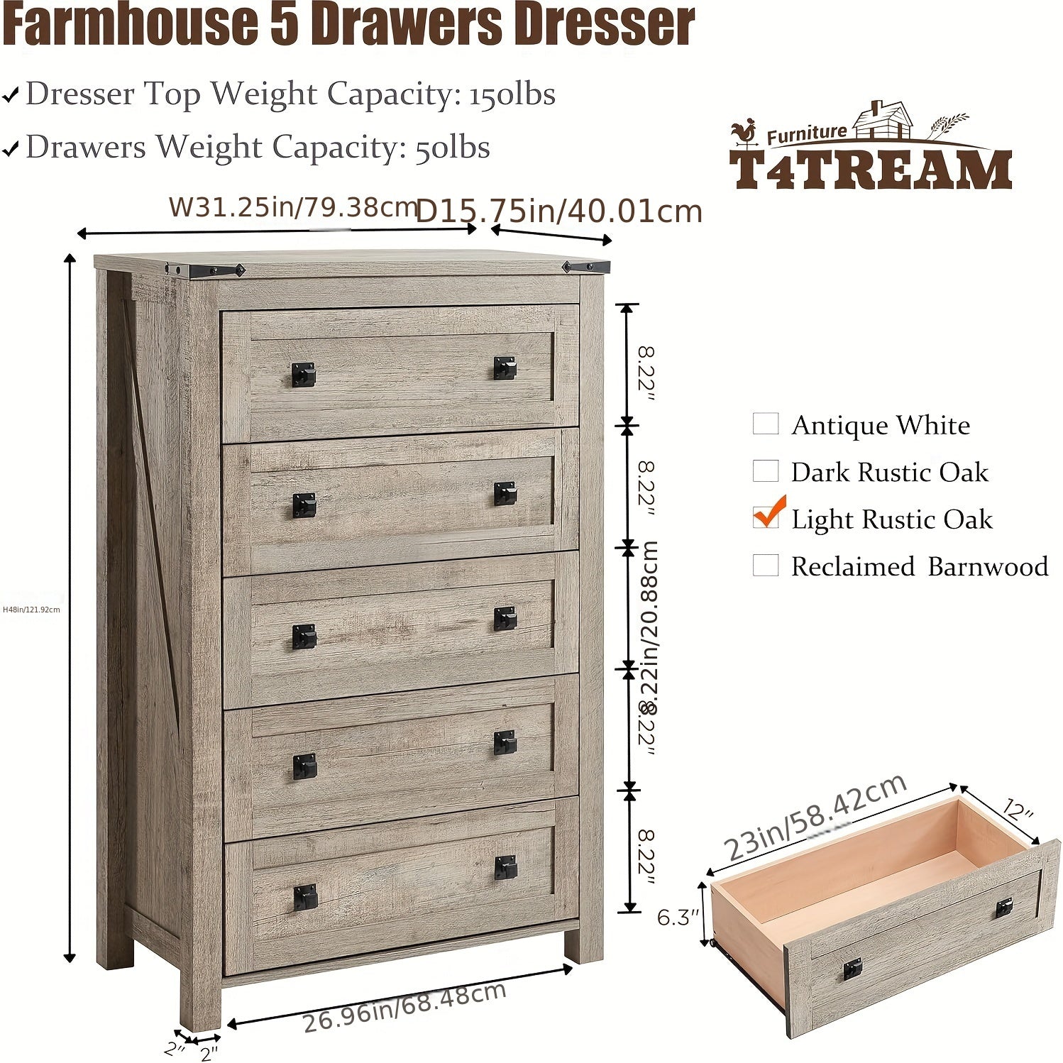 Charming Rustic Farmhouse 5-Drawer Dresser - Natural Wood Finish with Black Handles, Sturdy Engineered Wood Construction, Smooth Gliding Drawers for Bedroom, Living Room, Hallway Storage