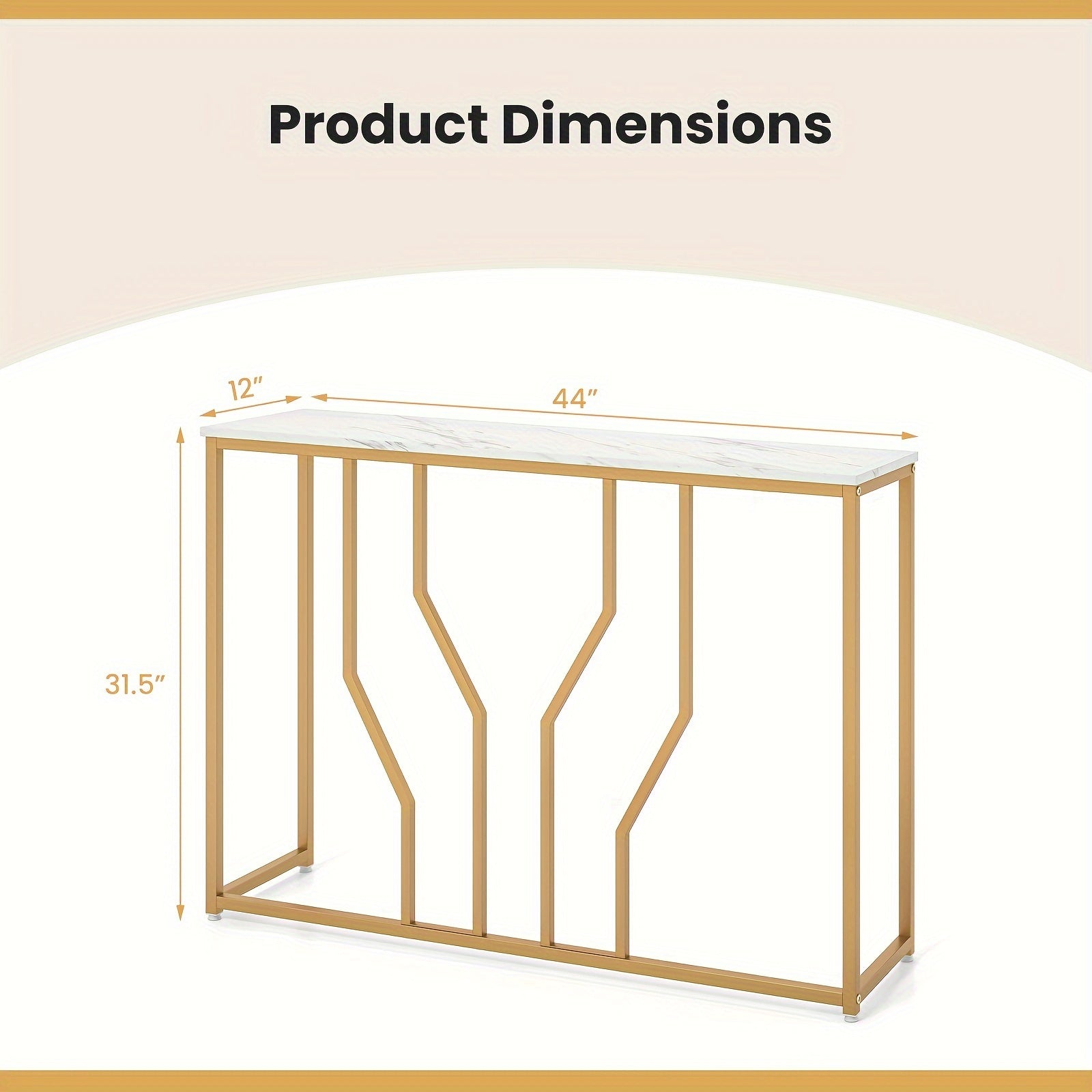 1pc 44" Golden Console Table With Faux Marble Tabletop Golden Metal Frame For Entrance