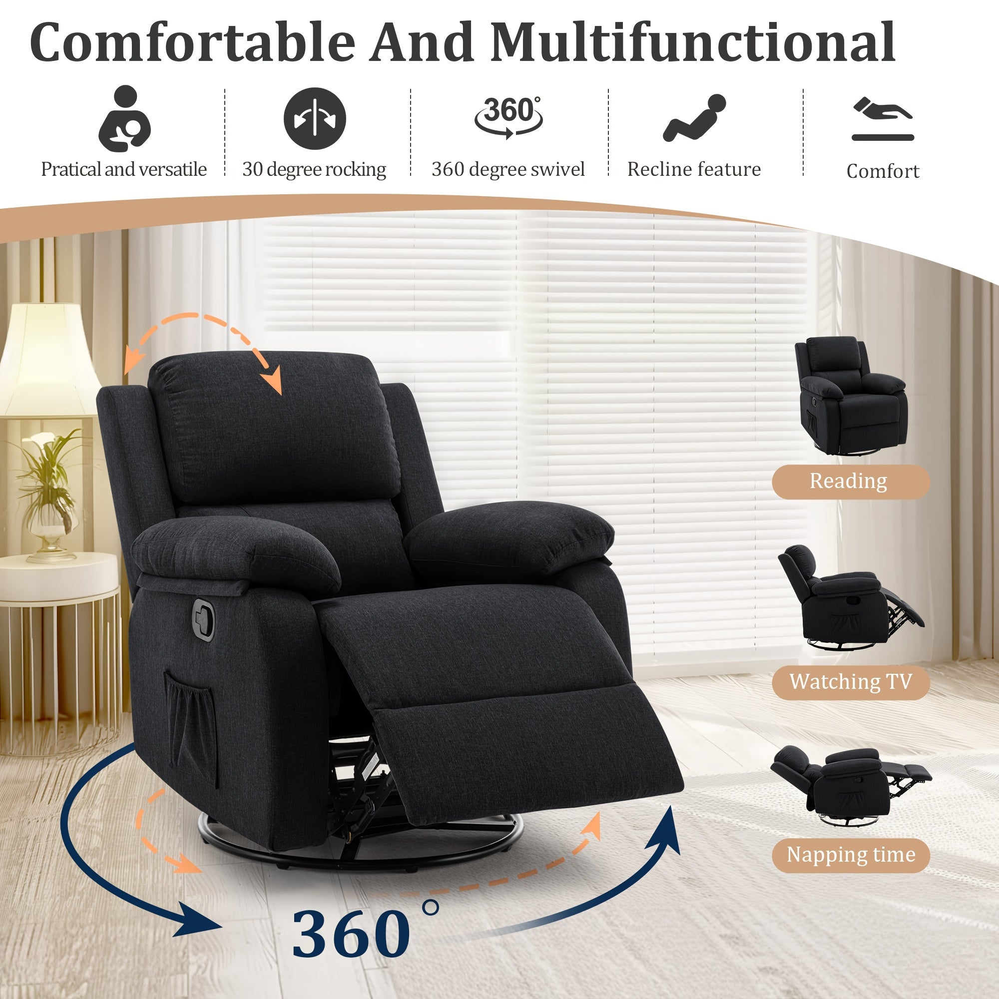 Compact 360° Swivel Recliner Chair with Side Pockets - Soft Linen Upholstery, Solid Back, Handle Control - Perfect for Small Spaces & Living Room - Black, Recliner Chair, 360° Swivel, Compact, Side Pockets