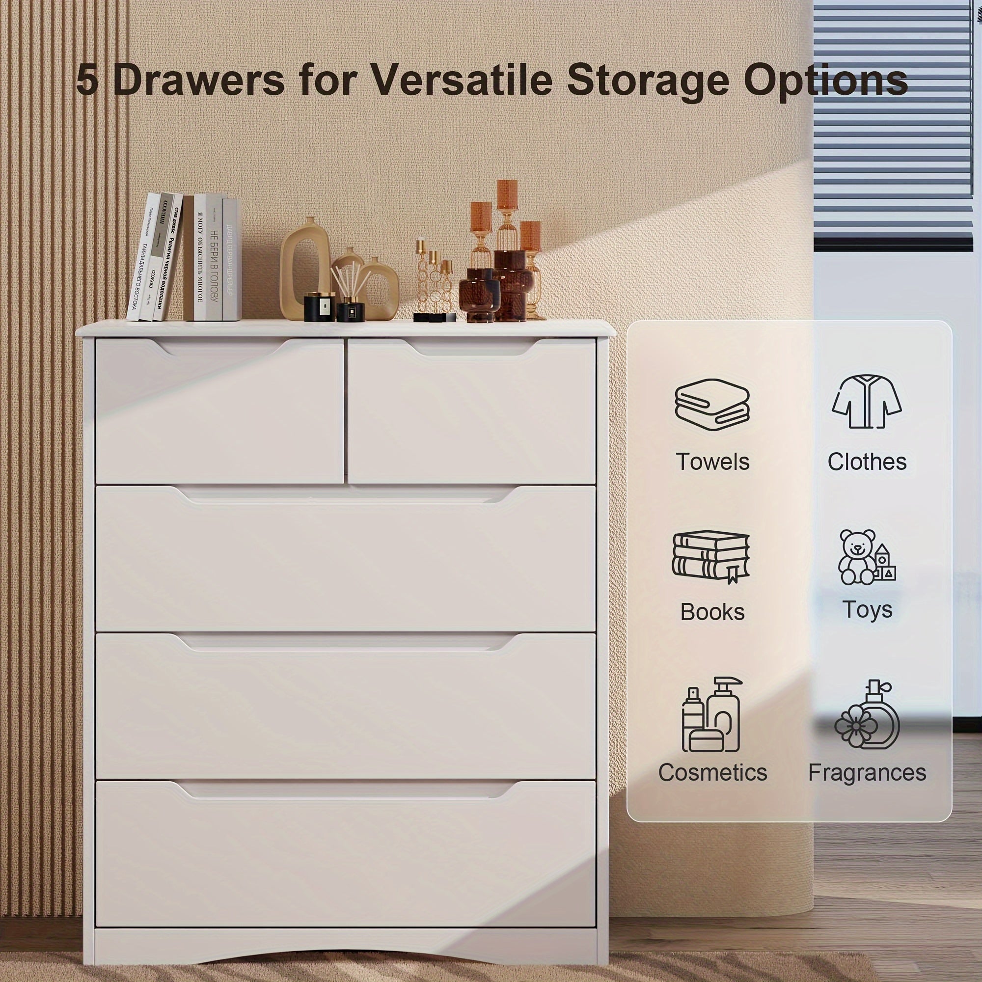 5 Drawers Dresser, Dressers For Bedroom With Cutout Handles, Wood Storage Cabinet For Living Room, White