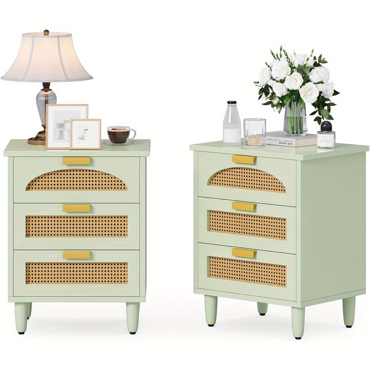 Mint Green Rattan Nightstand with 3 Drawers - Modern Wooden End Table for Living Room and Bedroom Hardwood Storage