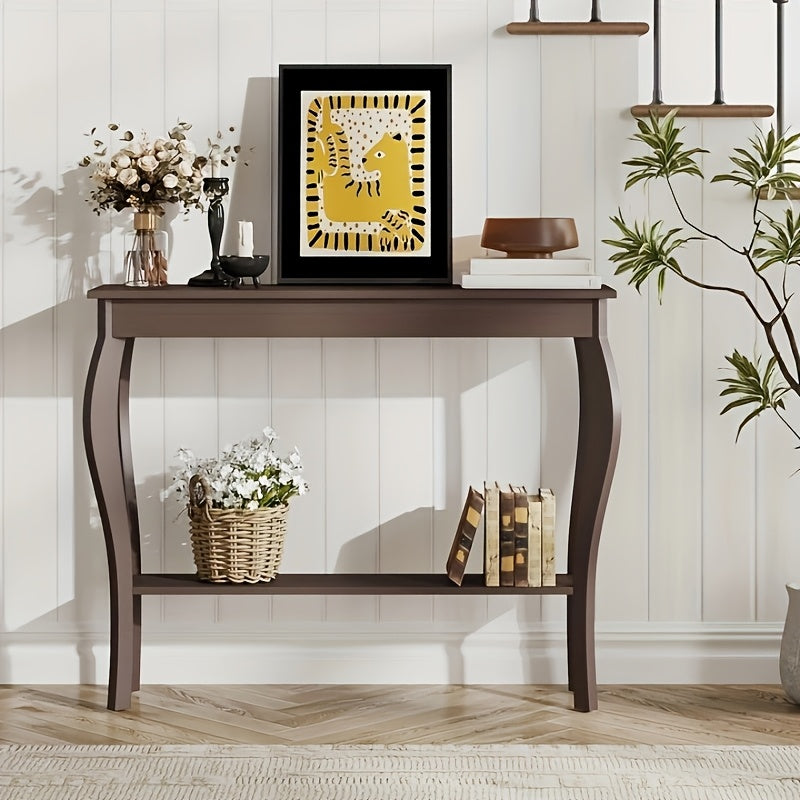 Farmhouse Console Sofa Table with S-Shape Wooden Legs, Chic Accent Narrow Console Table With Sturdy Frame And Open Shelf for Entryway, Living Room And Hallway, Space-Saving Design, Versatile and Easy to Assemble