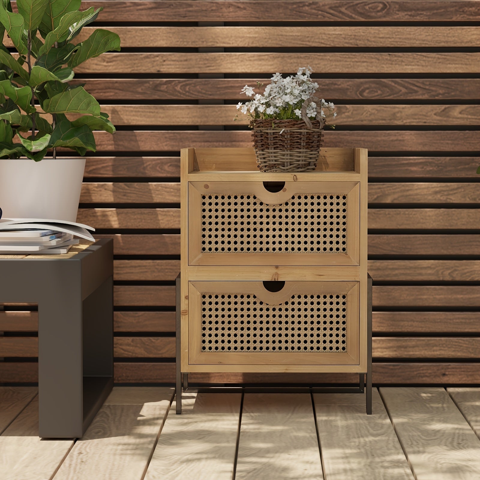 1pc Rustic Farmhouse Brown Wooden Nightstand with Rattan Woven Front - Fully Assembled 2-Drawer End Table with Metal Base and Lined Drawers