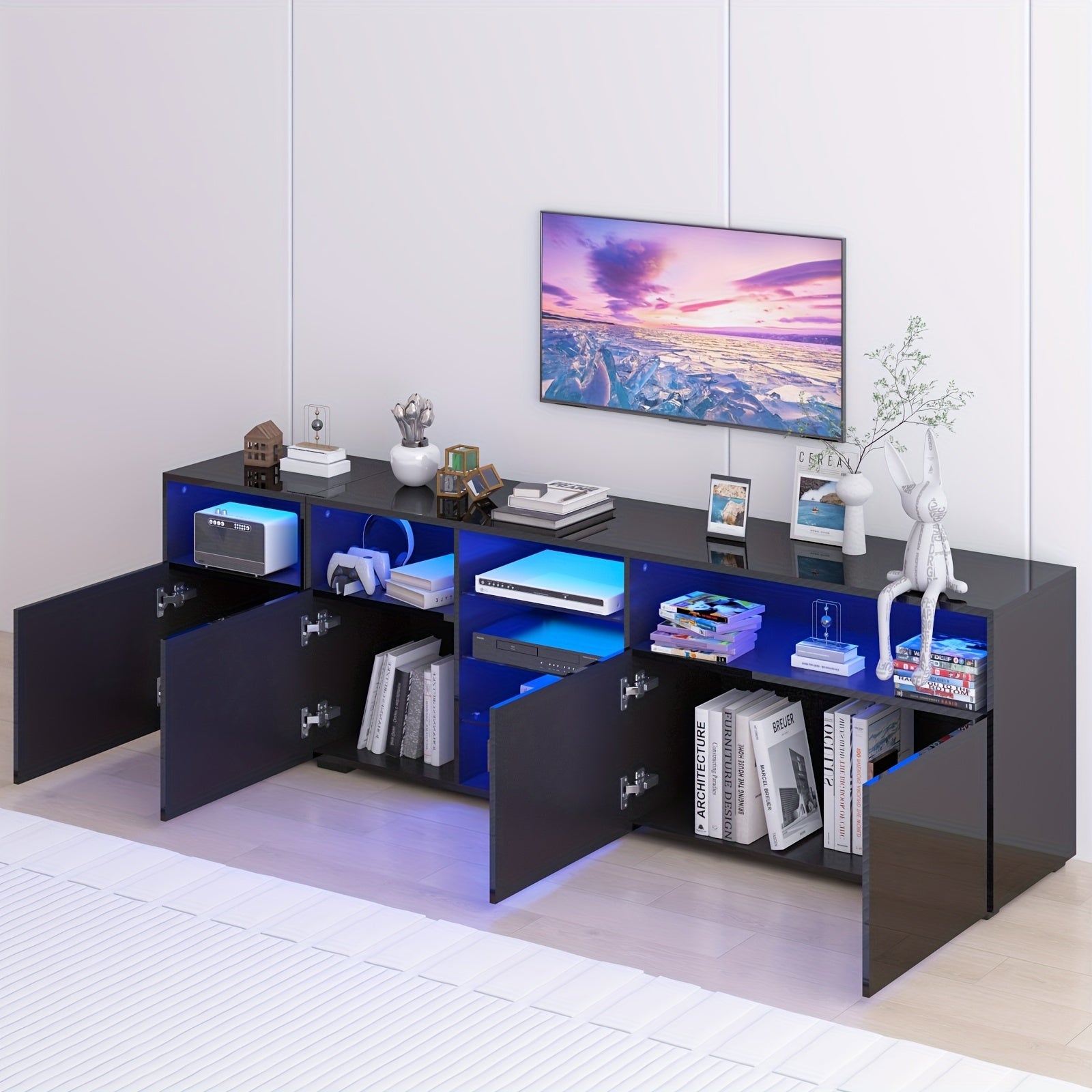 63/79 IN High Glossy LED TV Stand, Modern Entertainment Center/TV Stand With Adjustable Storage Shelf, RGB LED 20 Color Lighting, Smart Modern TV Cabinet