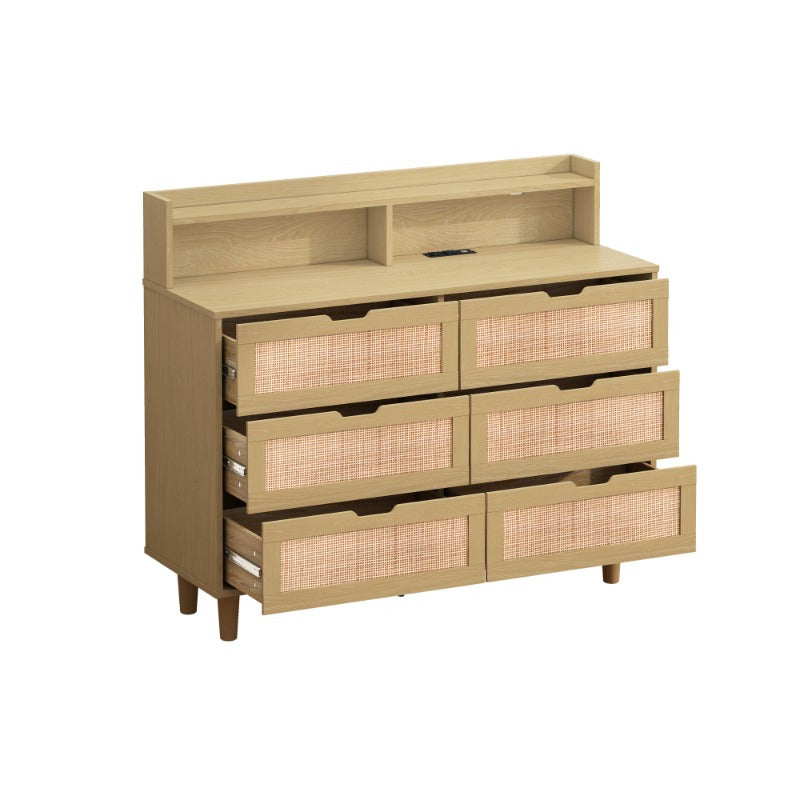 Chic Rattan Storage Cabinet with 6 Drawers - Metal Frame Ideal for Bedroom & Living Room Organization - As Picture