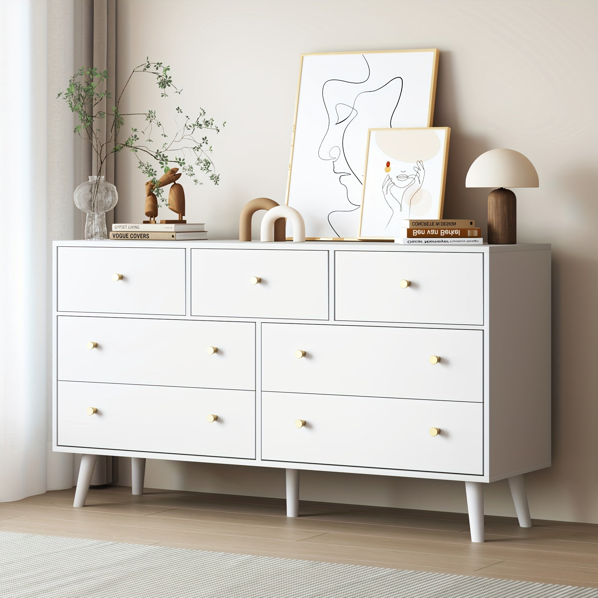 Dresser With 7 Drawers Dresser For Bedroom Modern Double Dresser With Wide Drawer And Metal Handles Wood Dressers &