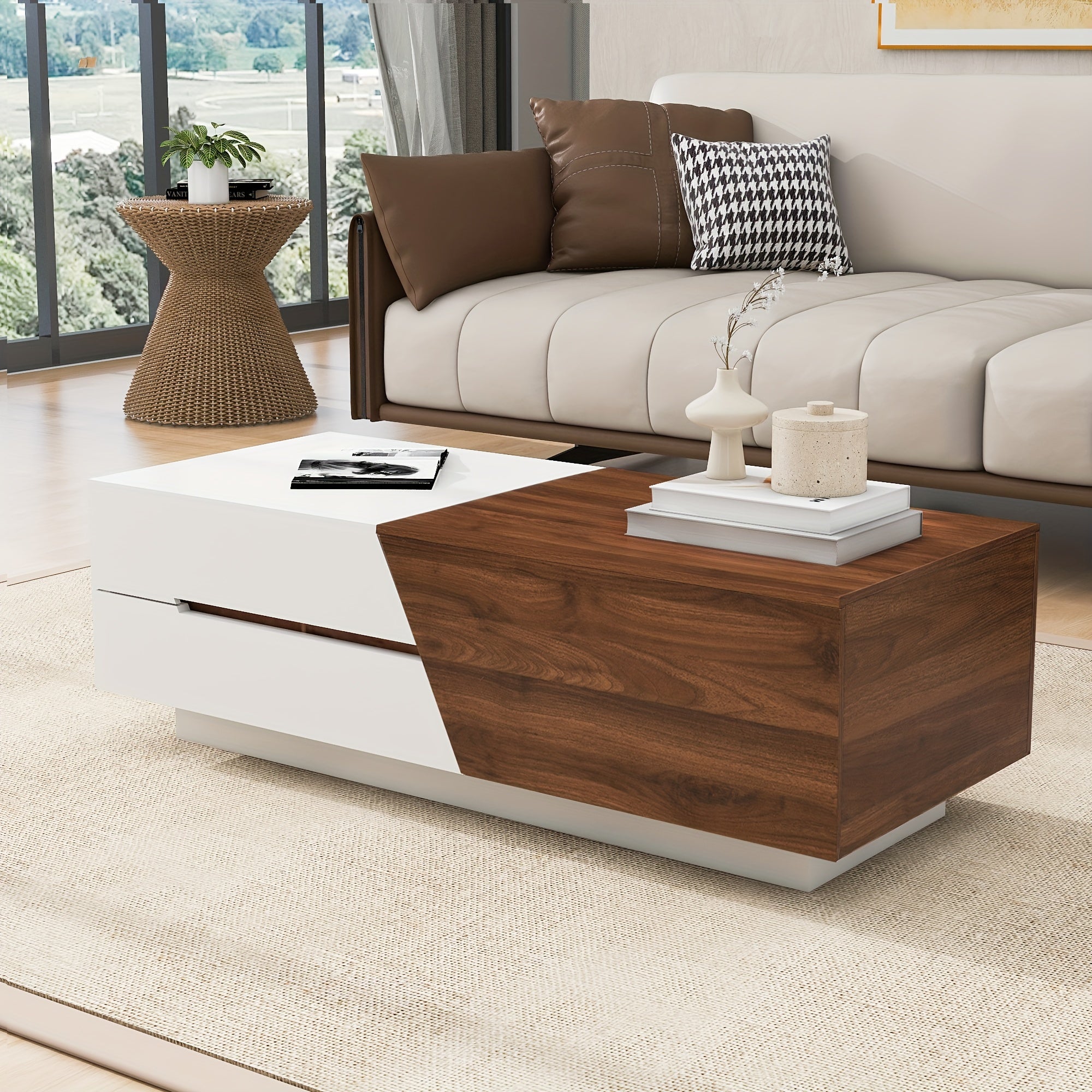 Modern Extendable Sliding Top Coffee Table With Storage In White&Walnut