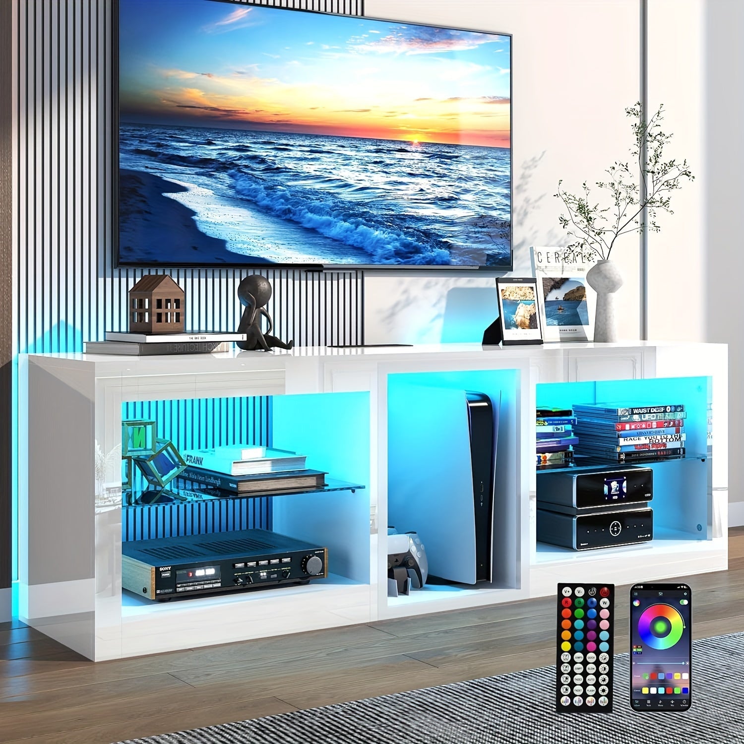 LED TV Stands W/60, 000-Colors Lights&6.5ft Power Outlet For 55 60 65 70inch TV, Modern High Gloss LED Black Entertainment Center W/Adjustable Shelves For Living Room Gameroom/Bedroom