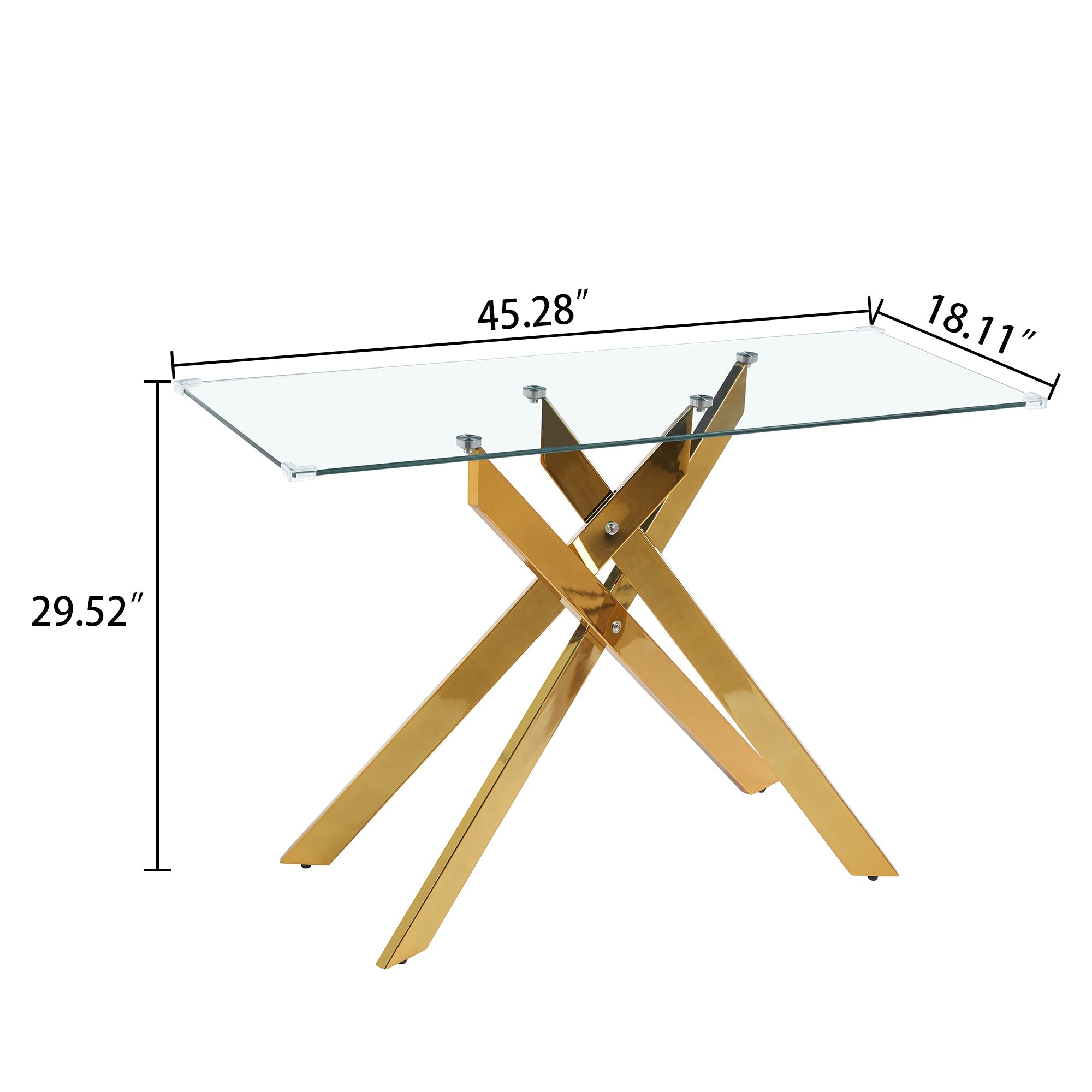 Modern Rectangle Console Sofa Glass Table, 45.28" Tempered Glass Top with Gold Plated Metal Legs, Living Room, Home Office Hallway Furniture, 18.11" Wide, 29.52" High,