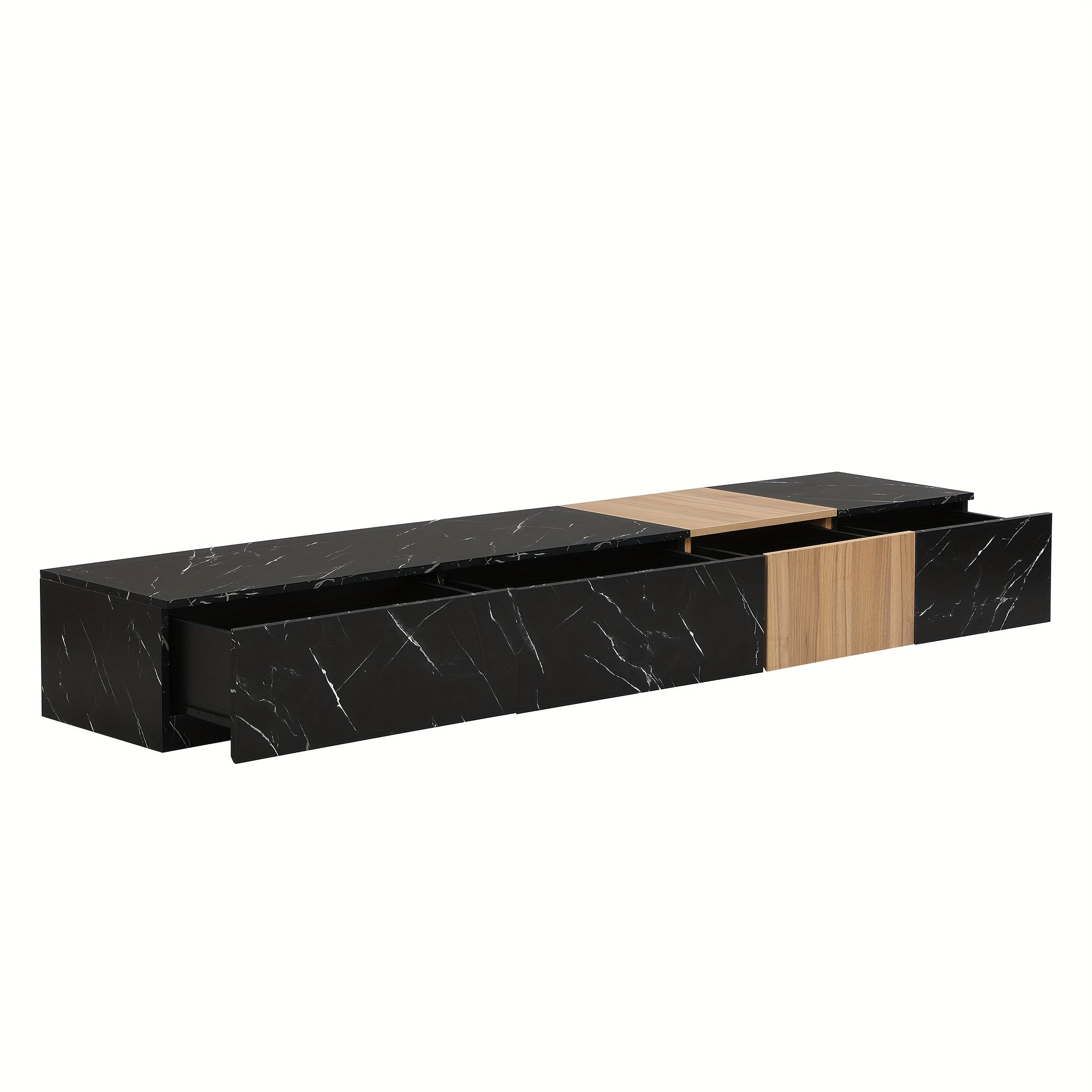 Modern TV Stand With Faux Marble And Walnut Wood Grain Finish, Modular Entertainment Center With 4 Storage Drawers For TVs Up To 88''