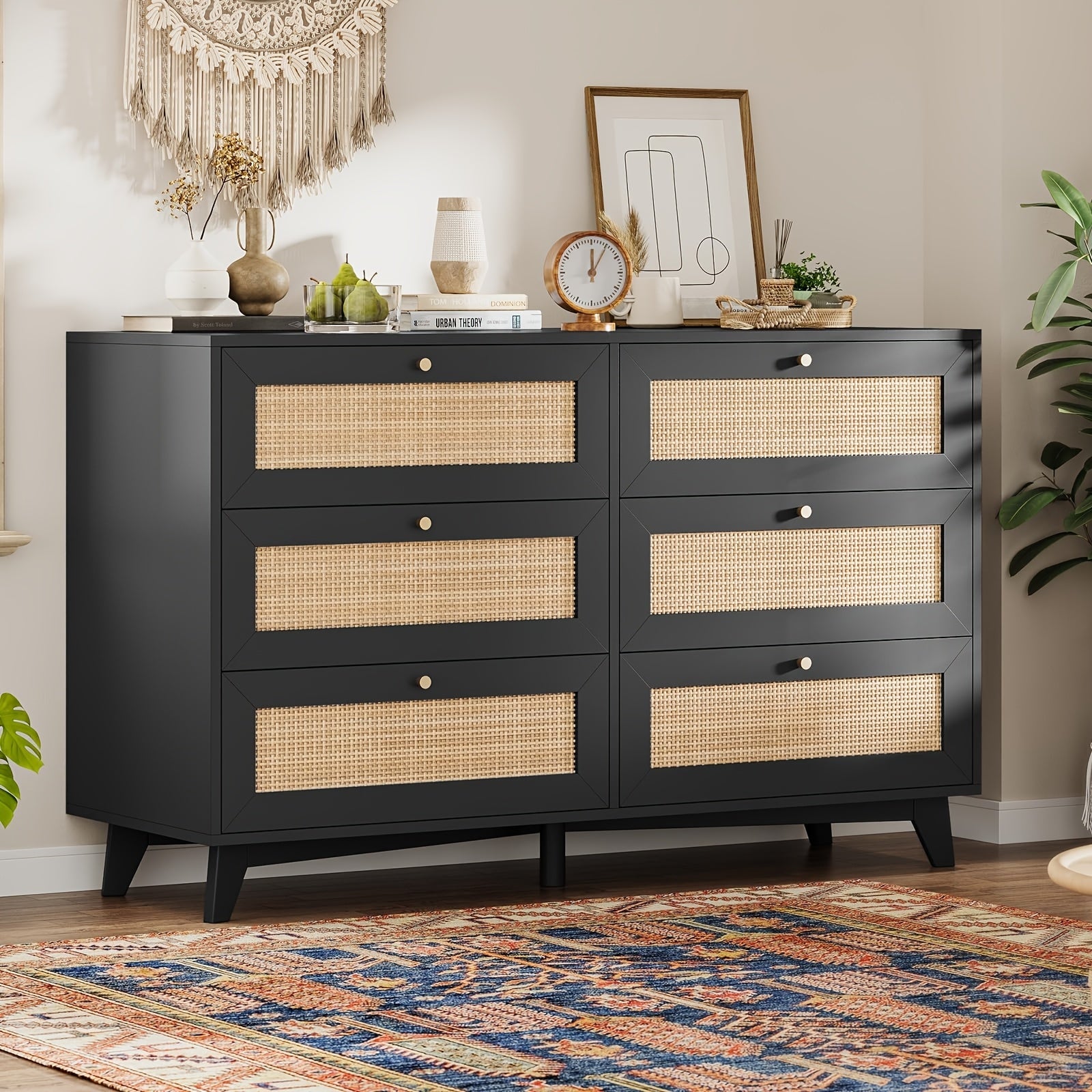 47.2'' Black Natural Rattan Dresser For Bedroom With 6 Drawers, Modern Double Wooden Wide Bedroom Dresser, Chest Of Drawers With Metal Handle & Solid Wood Legs For Bedroom/Living Room