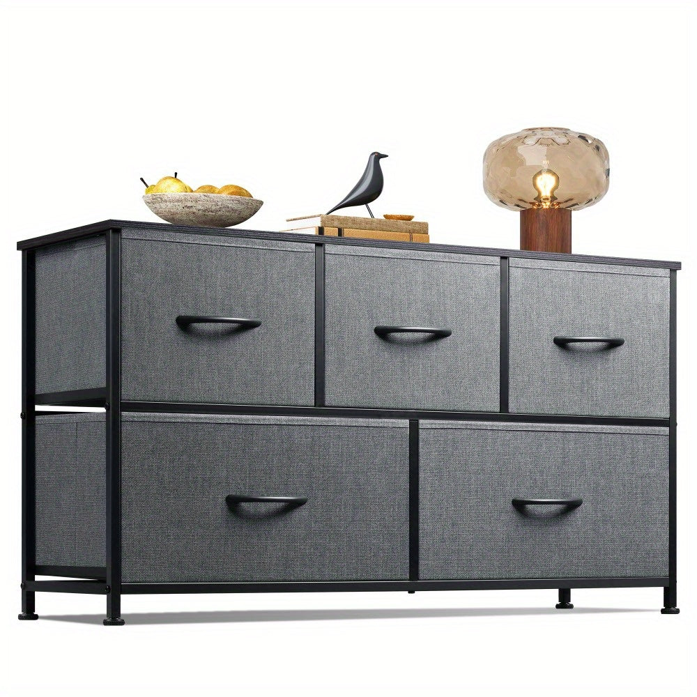 Dresser for Bedroom with 5 Drawers, Wide Chest of Drawers, Fabric Dresser, Storage Organizer Unit with Fabric Bins for Closet, Living Room, Hallway