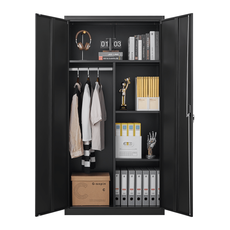 Metal Wardrobe Cabinet with Hanging Rod and Lock black Armoire Wardrobe Closet Clothing Locker Storage Cabinet with Adjustable Shelves and Doors Wardrobe Storage Cabinet for Home Living/Laundry Room