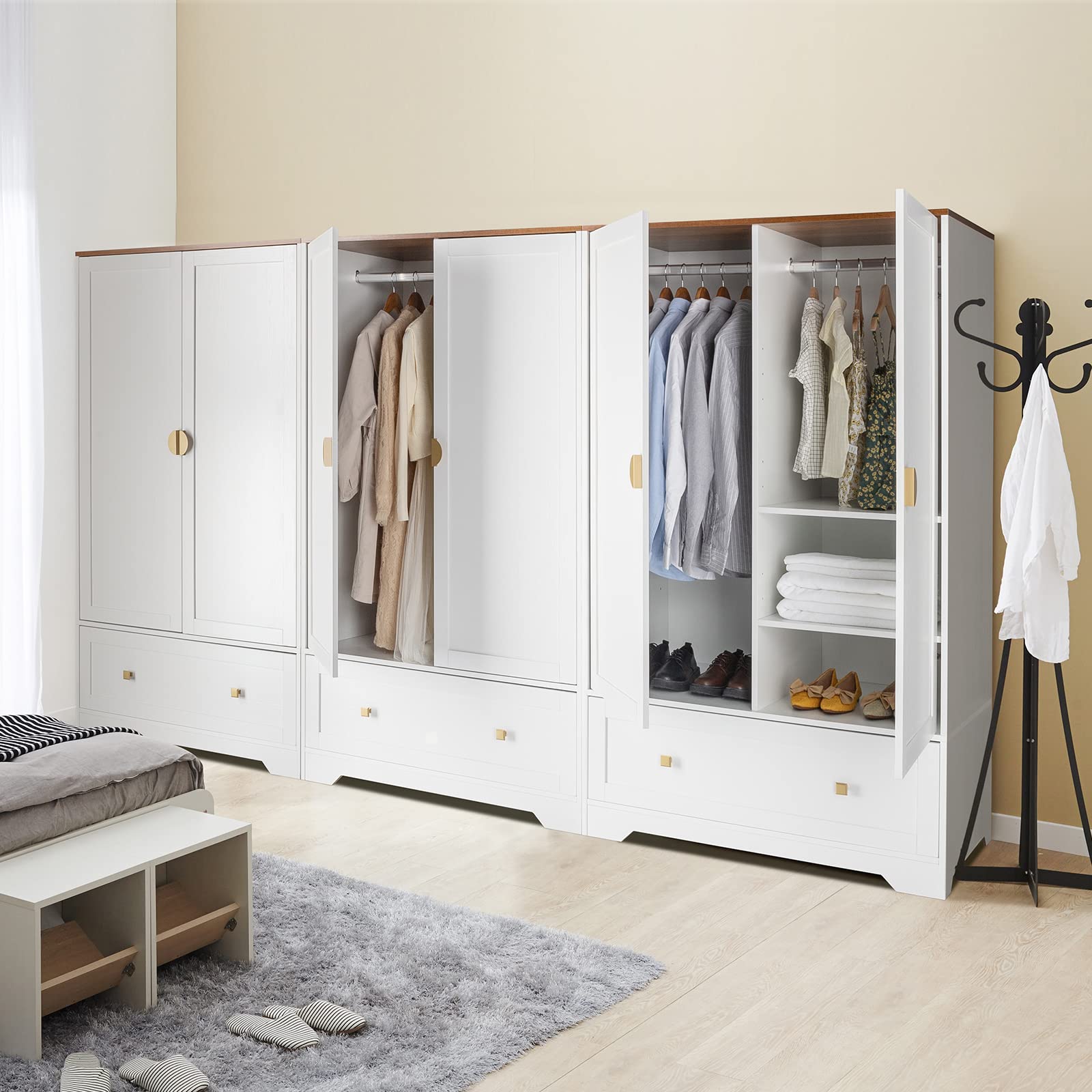 Wide Armoire Wardrobe Closet with Shelves, Hanging Rod and Drawers, Freestanding Closet Wardrobe Cabinet, Armoires and Wardrobes with Doors for Bedroom, Dorm