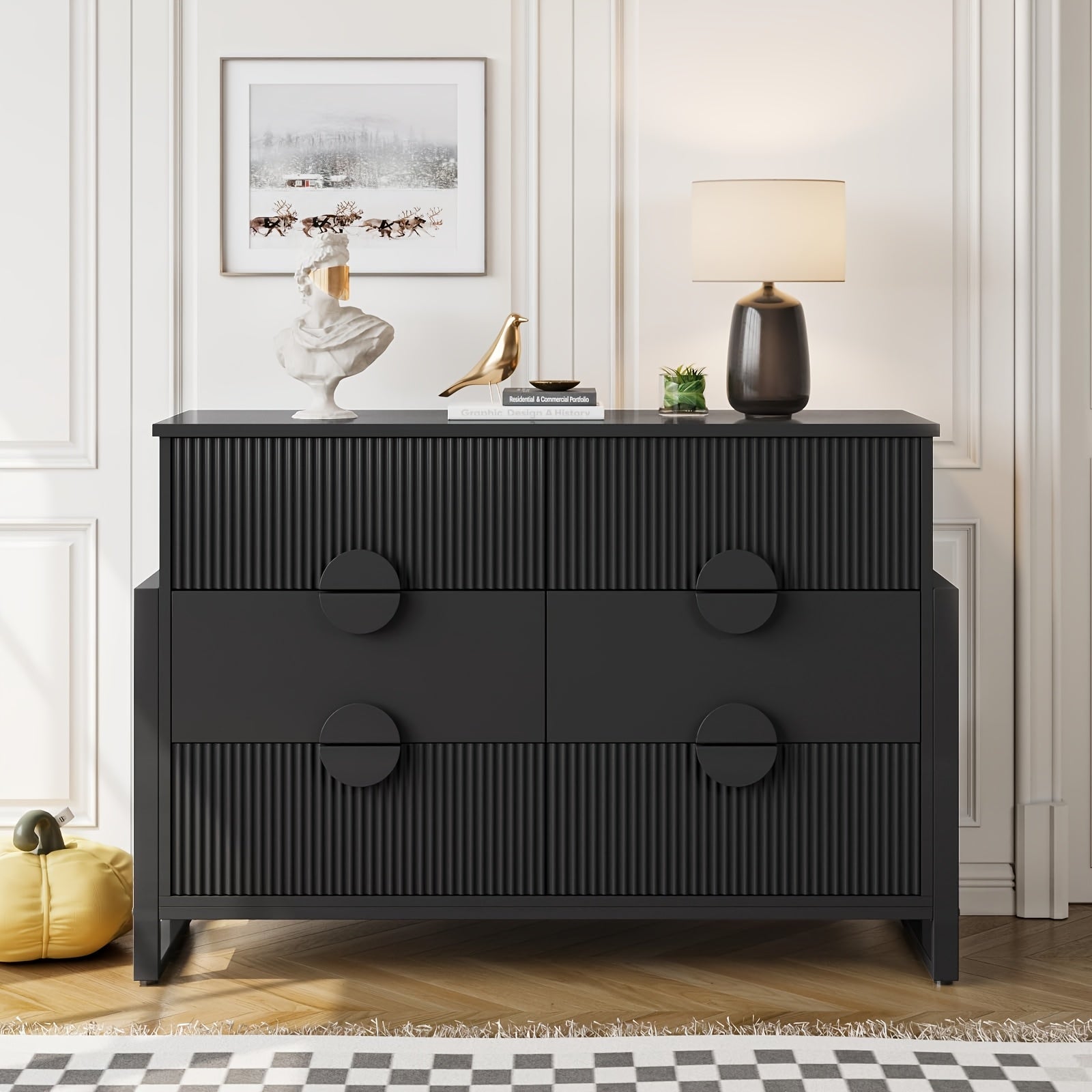 Dresser For Bedroom Wide Chest Of Drawers With Metal Frame Storage Organizer Unit With Fluted Panel 6 Drawer Dresser