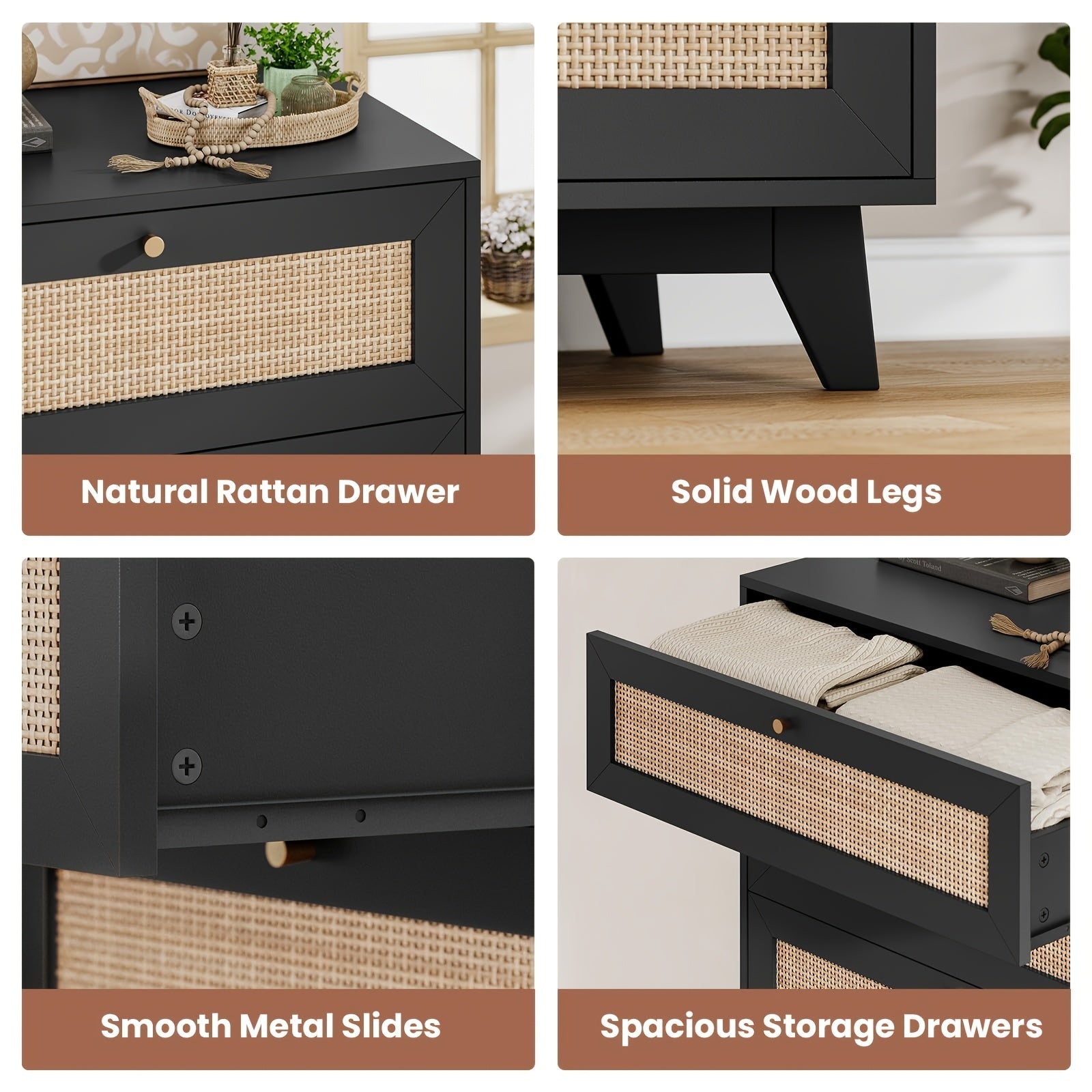 47.2'' Black Natural Rattan Dresser For Bedroom With 6 Drawers, Modern Double Wooden Wide Bedroom Dresser, Chest Of Drawers With Metal Handle & Solid Wood Legs For Bedroom/Living Room