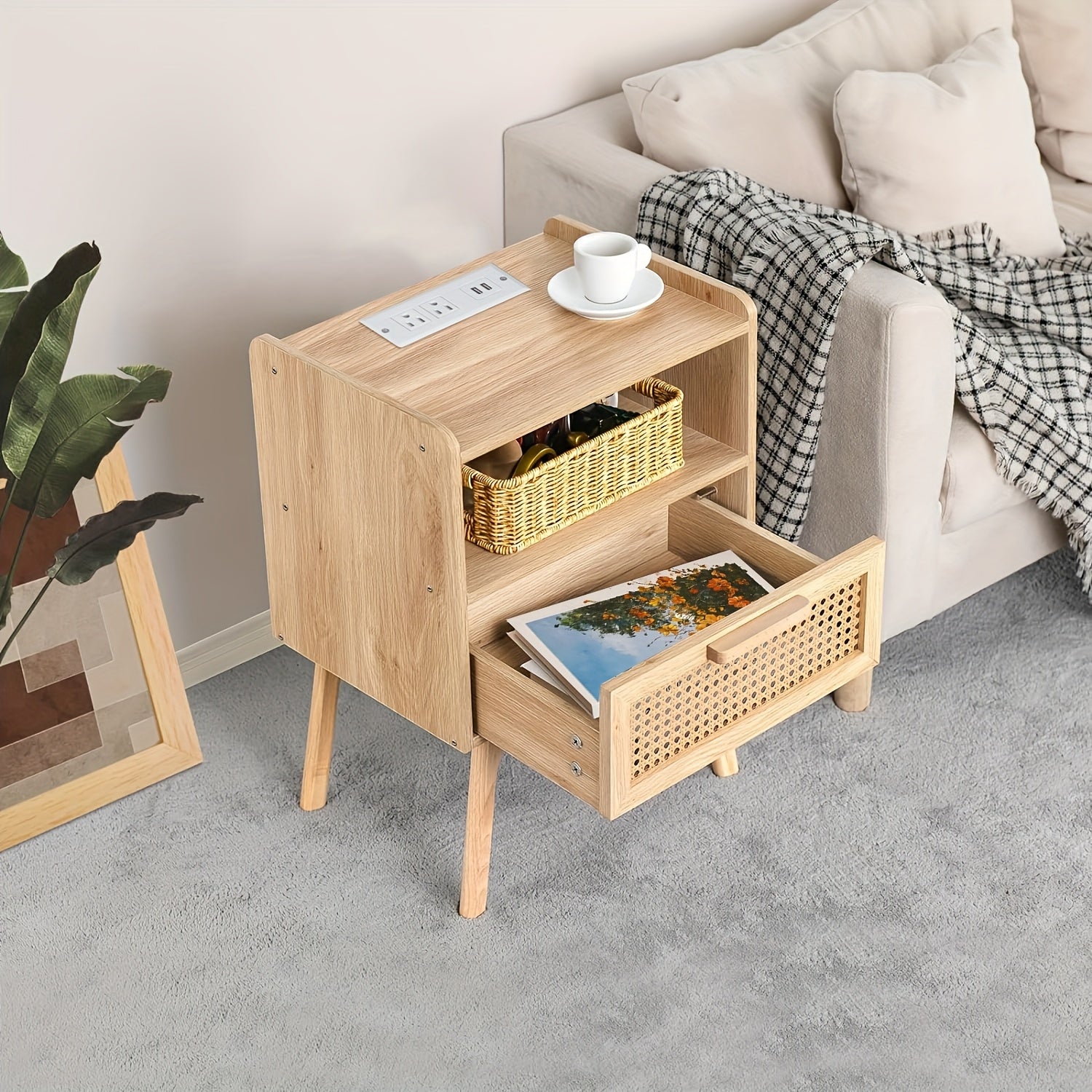 Rattan Nightstand, Boho Side Table With Drawer Open Shelf, Cane Accent Bedside End Table With Solid Wood Legs For Bedroom, Night Stand, Dorm And Small Spaces