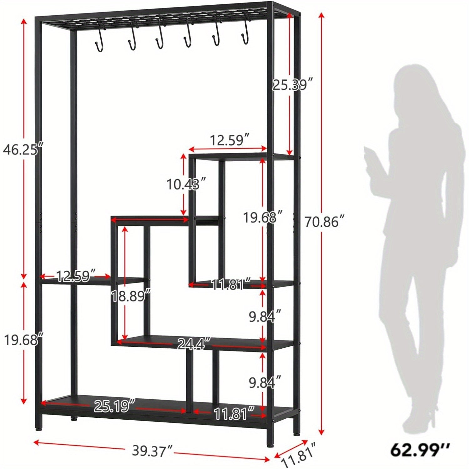 5-Tier Large Metal Plant Stand, 70.9 Inch Tall Indoor Shelf with 6 Hanging Hooks, Iron and Wood Flower Rack for Living Room, Balcony, Garden - Black, Plant Decor