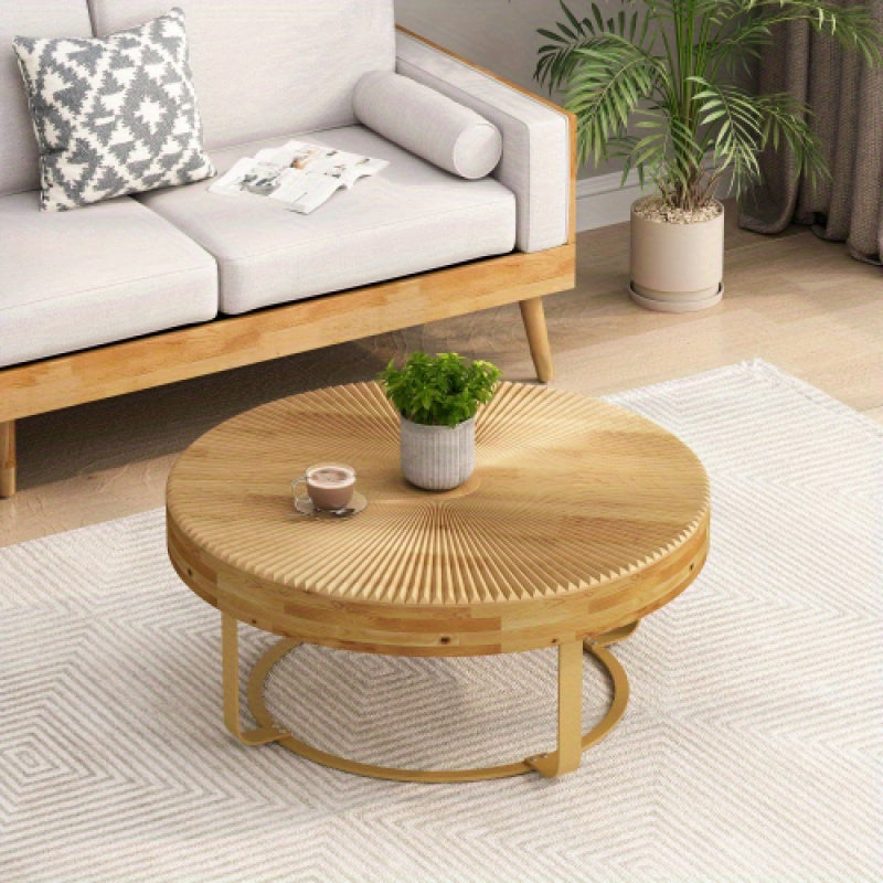 Modern Round Coffee Table Wooden Carving Pattern Coffee Table with Metal Legs for Living Room Reception Room Office Golden