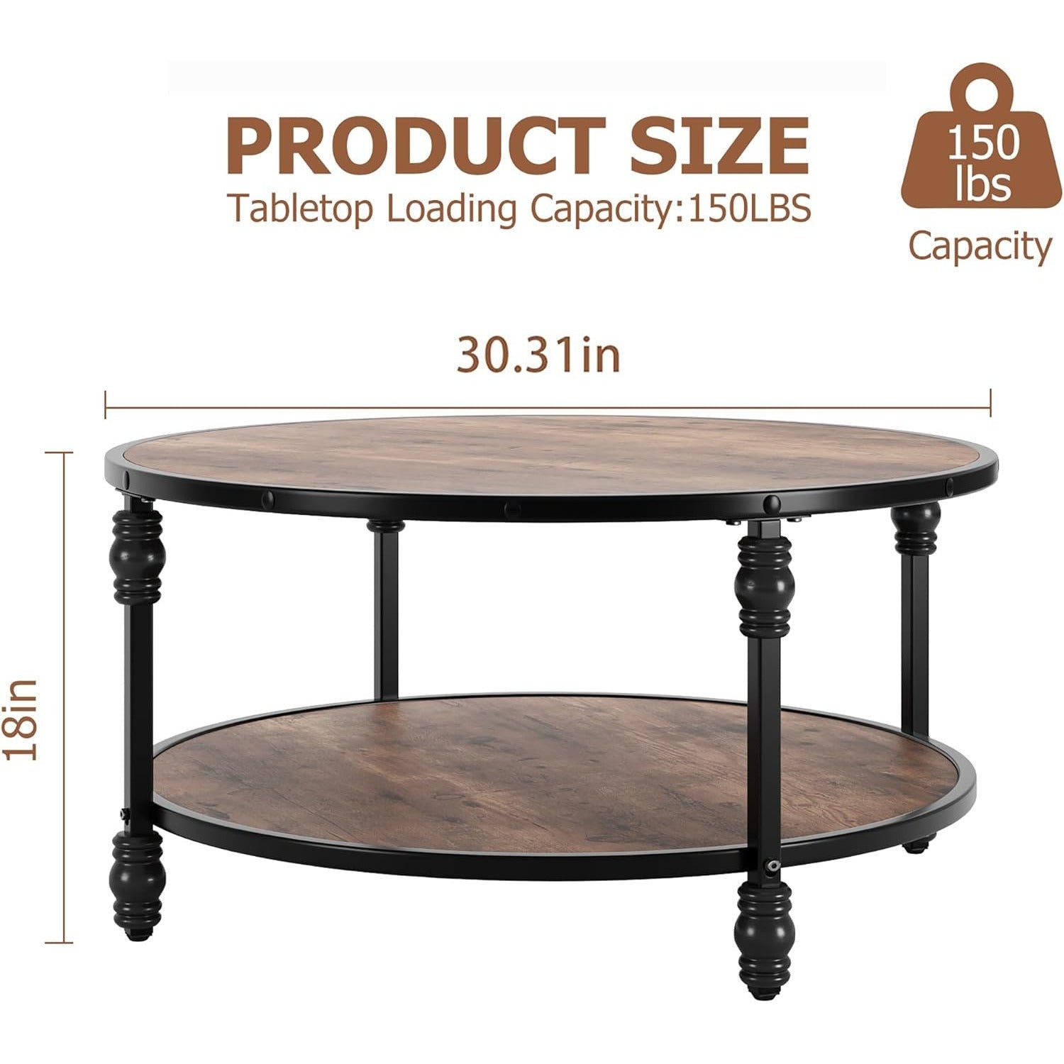 Coffee Table Round Rustic Center Table with Storage Shelf Wood Circle Coffee Table with Sturdy Metal Legs Living Room