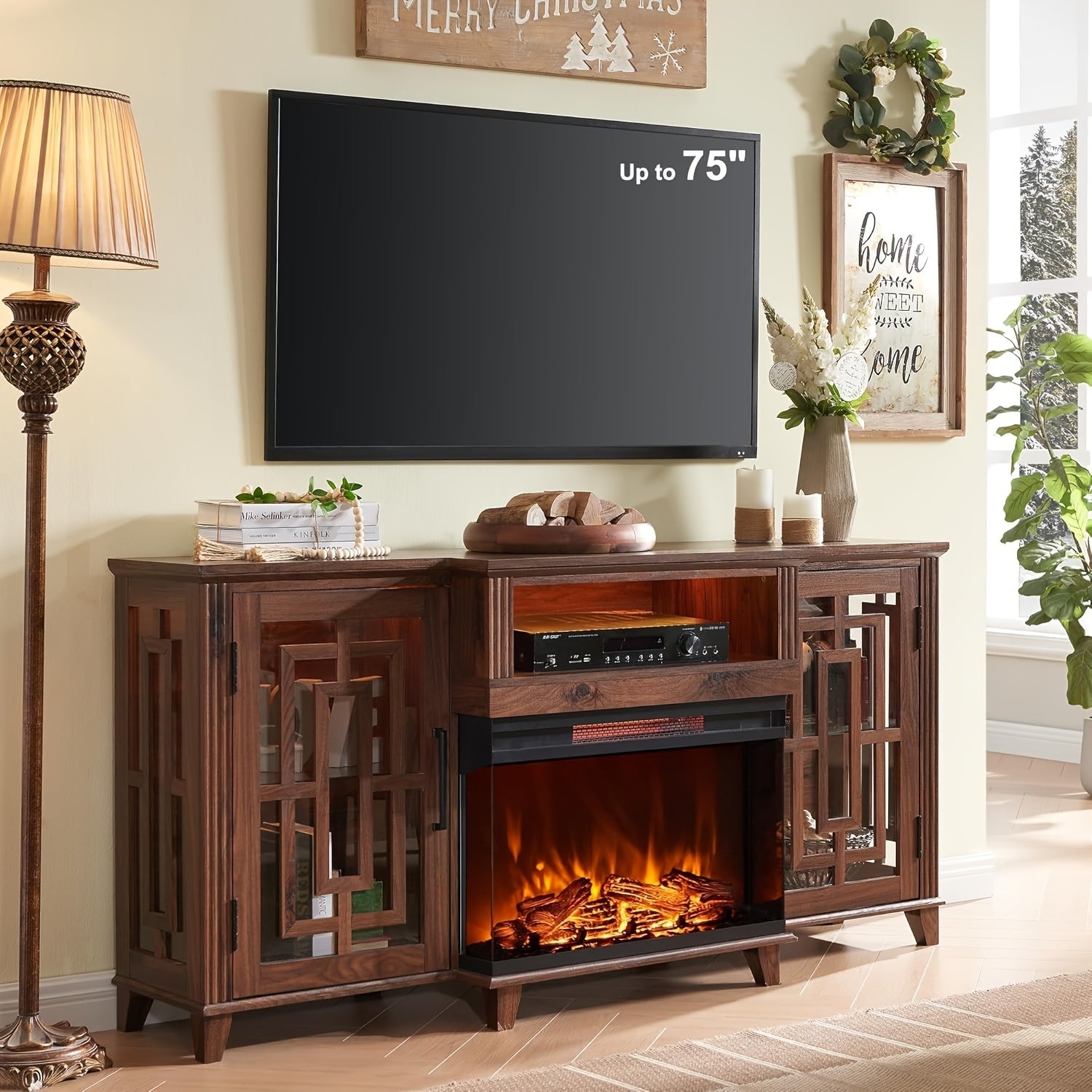 Large Farmhouse 3-Sided Glass Fireplace TV Stand for 75 Inch TV, Highboy Media Console with LED Light and 3 Side Cutouts, Hardwood Entertainment Center with Glass Doors