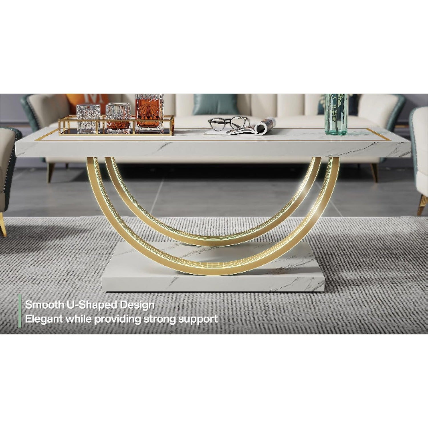 Modern Coffee Table Faux Marble White Golden Coffee Table Rectangle Coffee Table for Living Room, Engineered Wood Coffee Table with Faux Marble Veneer and Heavy Duty Metal Frame, Storage Racks for garage